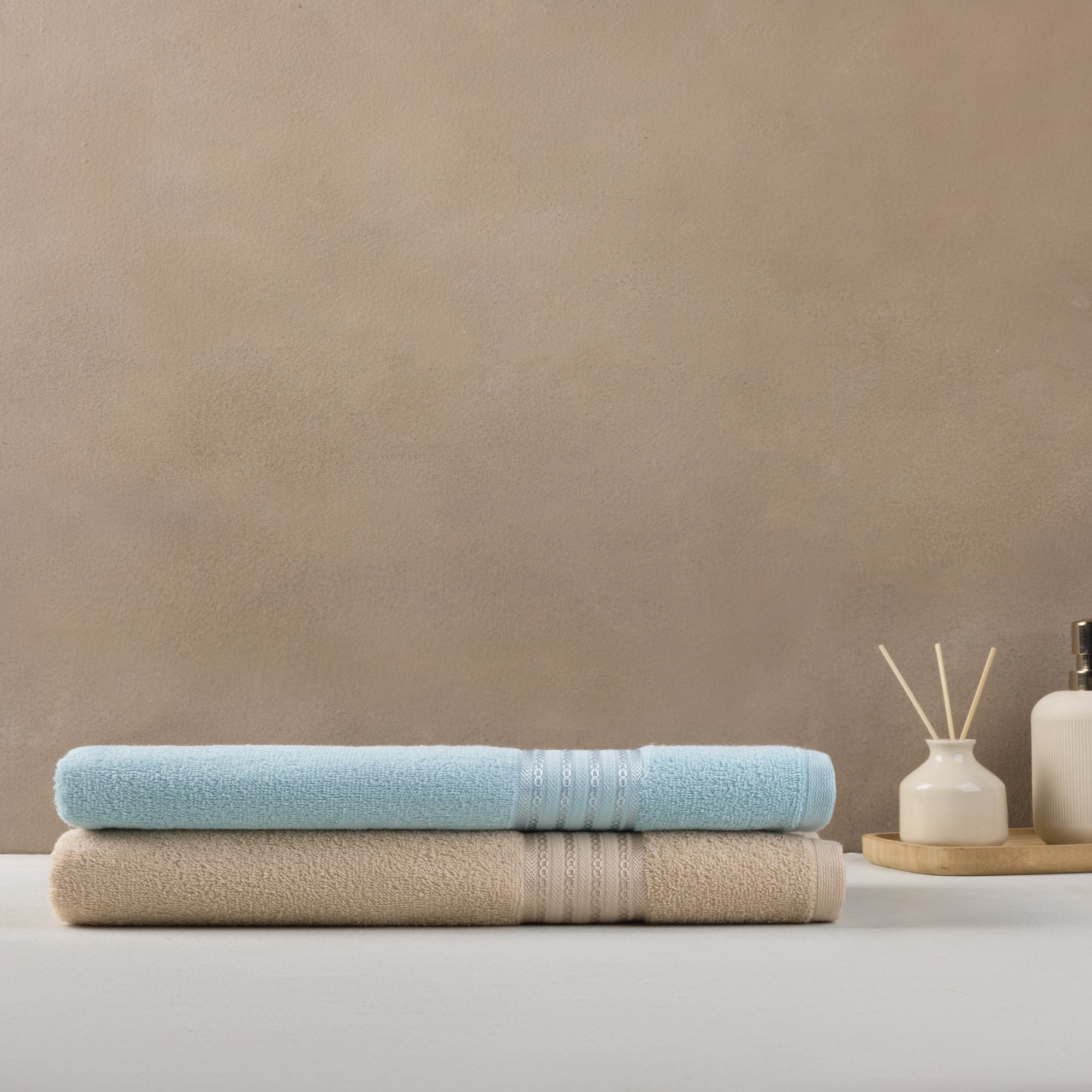 Classic Cotton|Bath Towel (Pack of 2) |380 GSM | Blue & Desert Sand