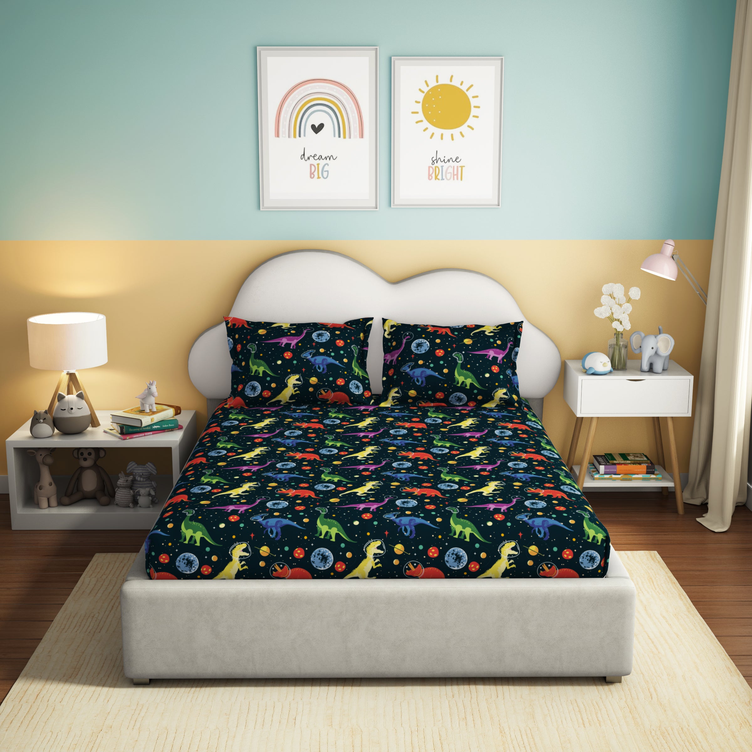 The Play Collection | Printed Double Bedsheet Set | 180 TC Cotton | Dinoverse
