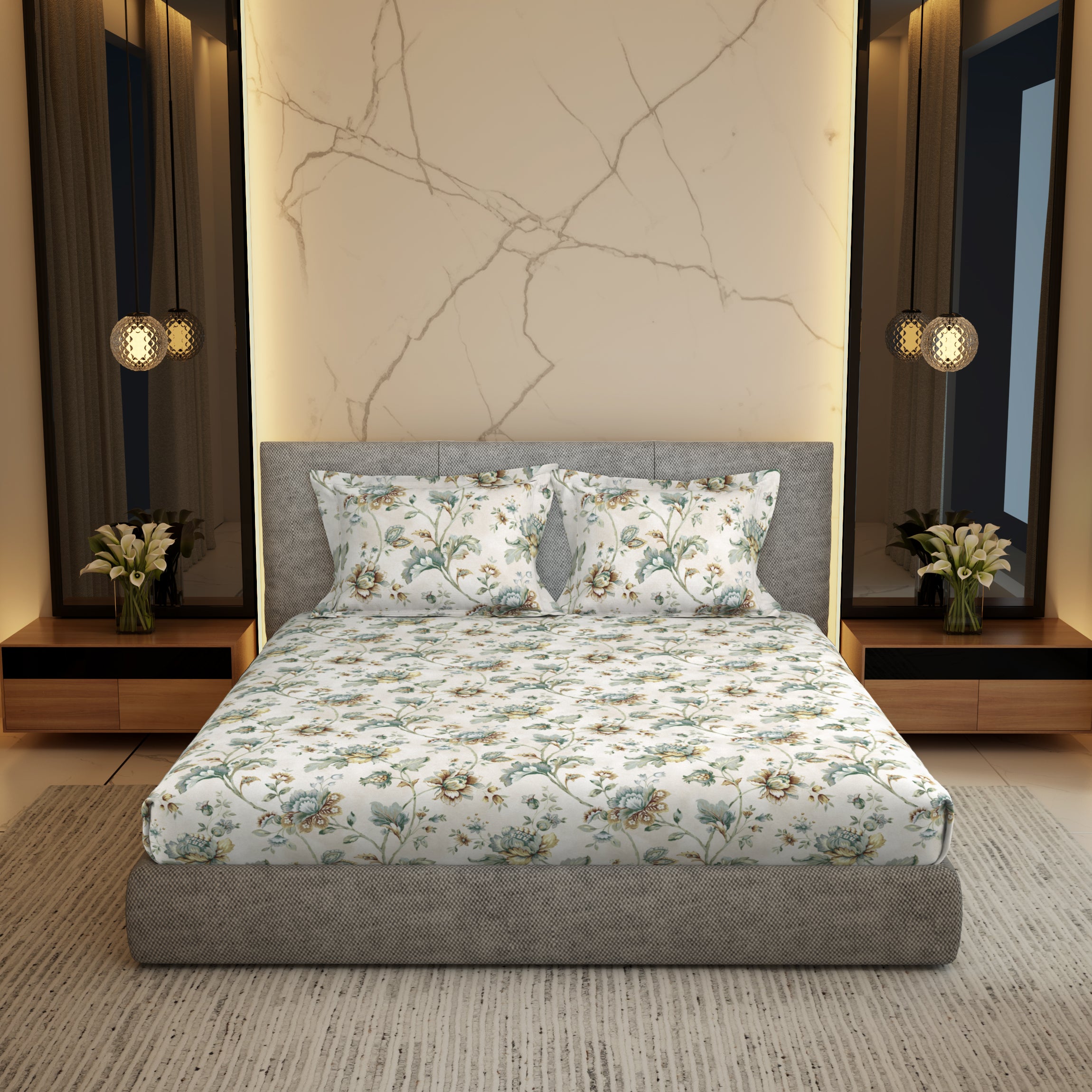 Gold Collection, Floral Haven | Printed King Bedsheet Set | 300 TC Cotton - Gold Sage by Himeya