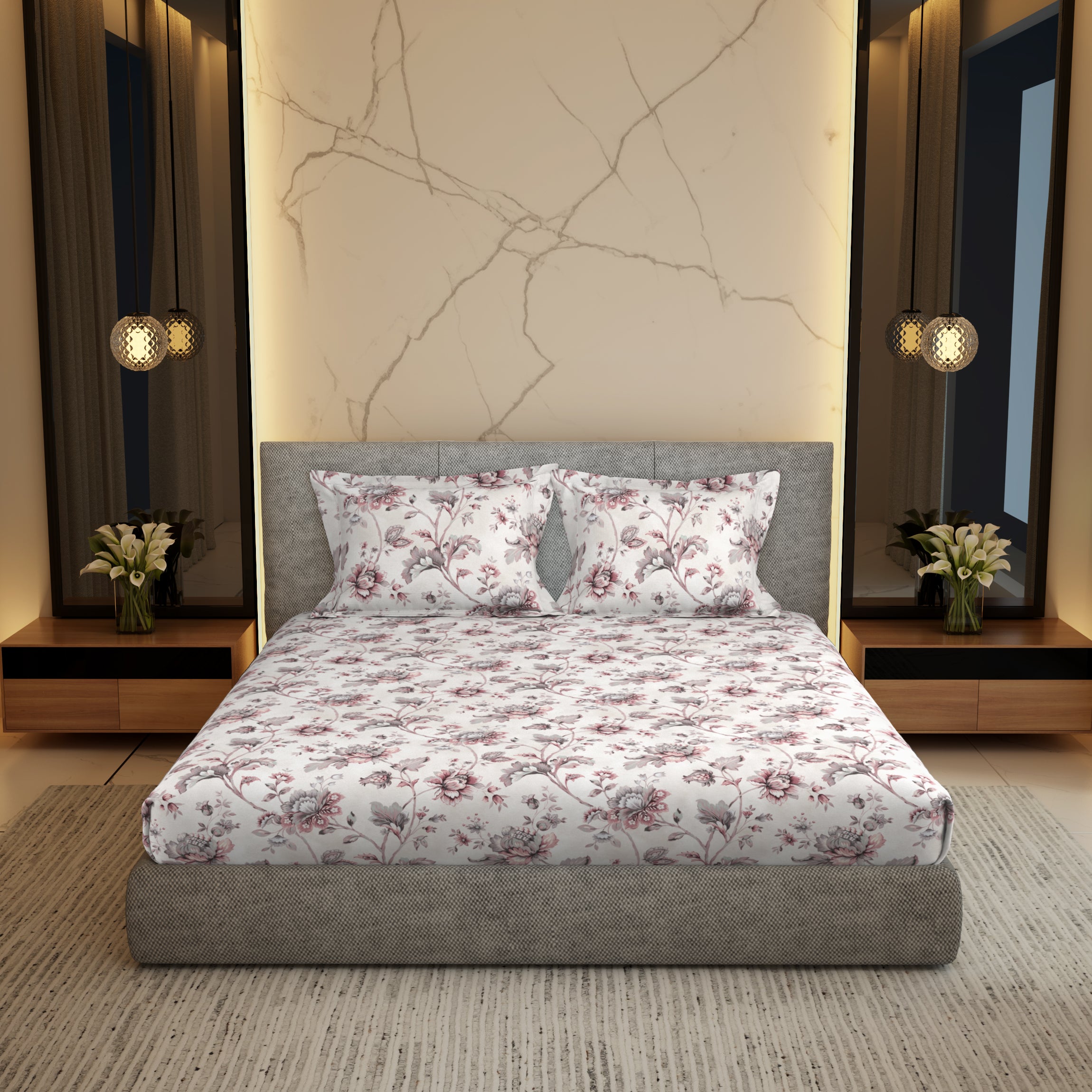 Gold Collection, Floral Haven | Printed King Bedsheet Set | 300 TC Cotton - Rose Pink by Himeya