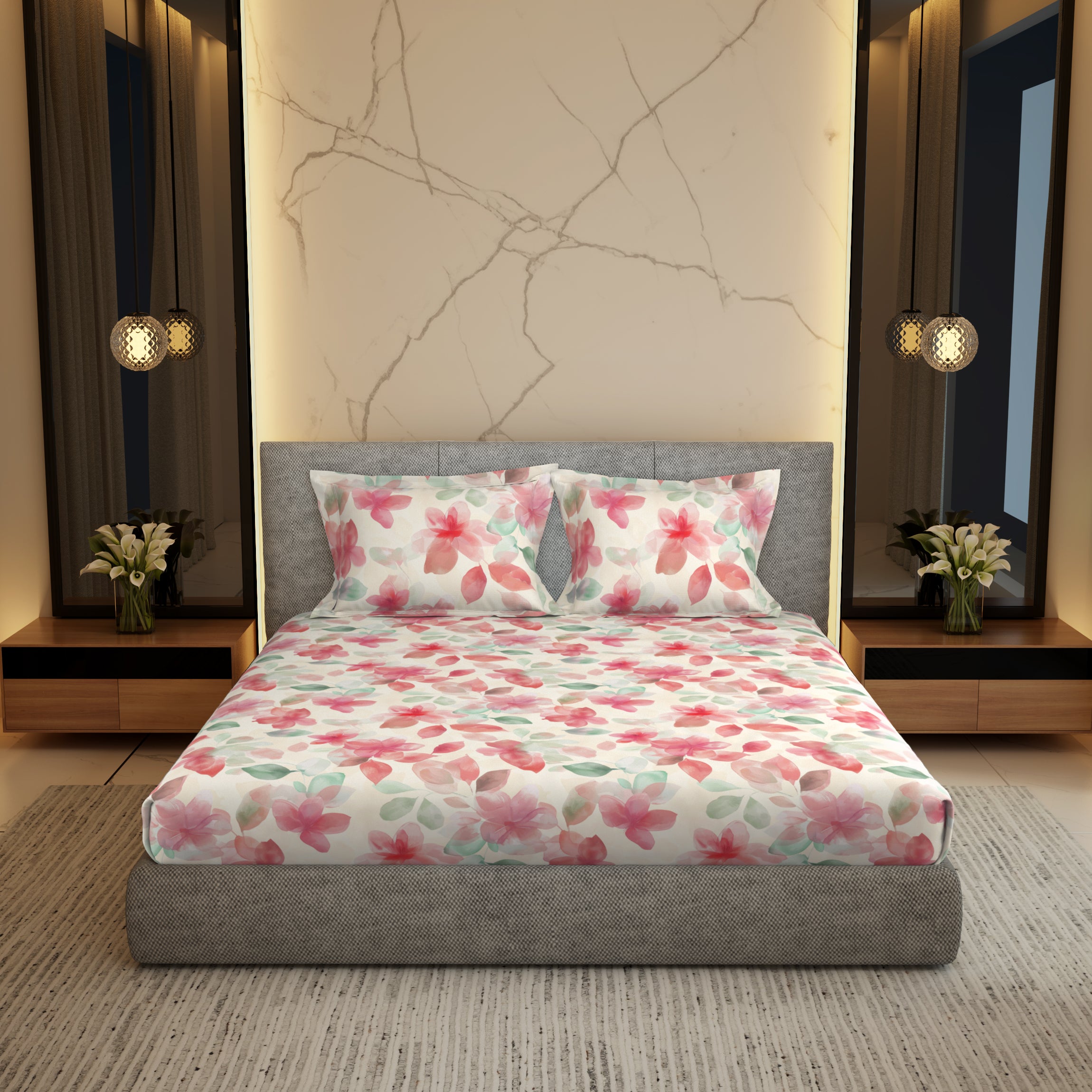 Gold Collection, Floral Haven | Printed King Bedsheet Set | 300 TC Cotton - Flamingo Pink by Himeya