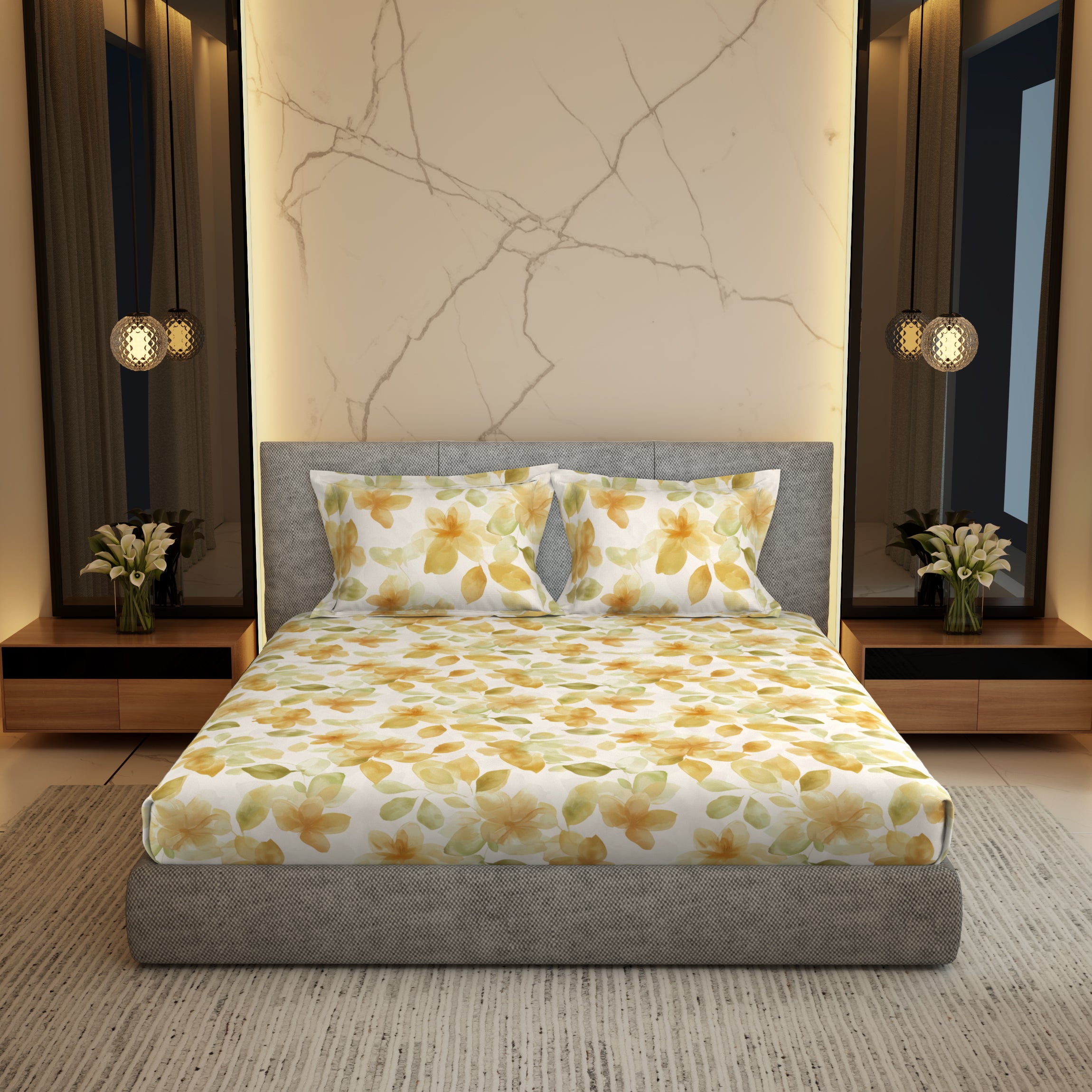 Gold Collection, Floral Haven | Printed King Bedsheet Set | 300 TC Cotton - Powder Yellow by Himeya