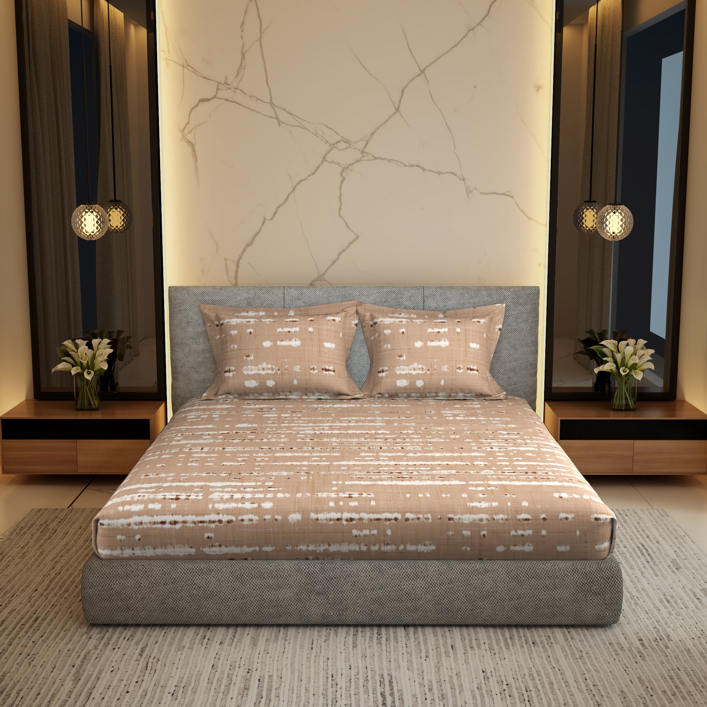 The Gold Collection | Printed King Bedsheet Set | 300 TC Cotton | Desert Beige