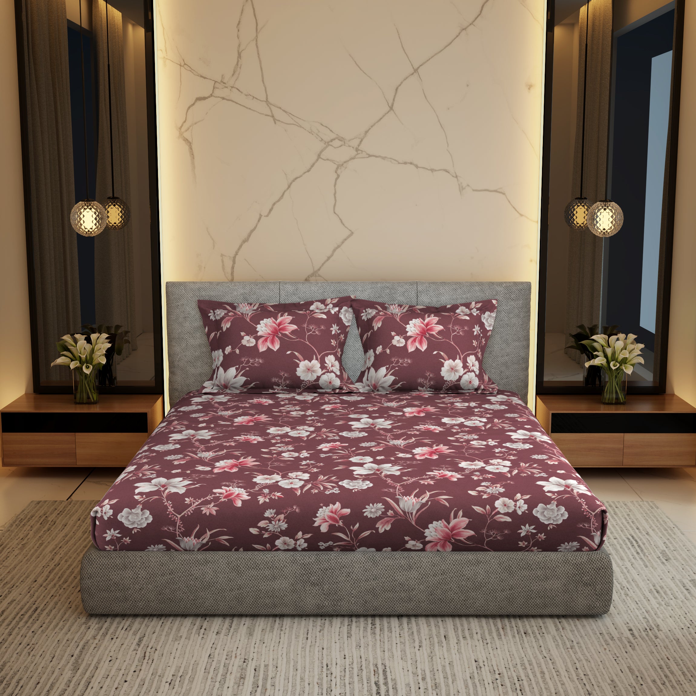 Gold Collection, Floral Haven | Printed King Bedsheet Set | 300 TC Cotton - Maroon by Himeya