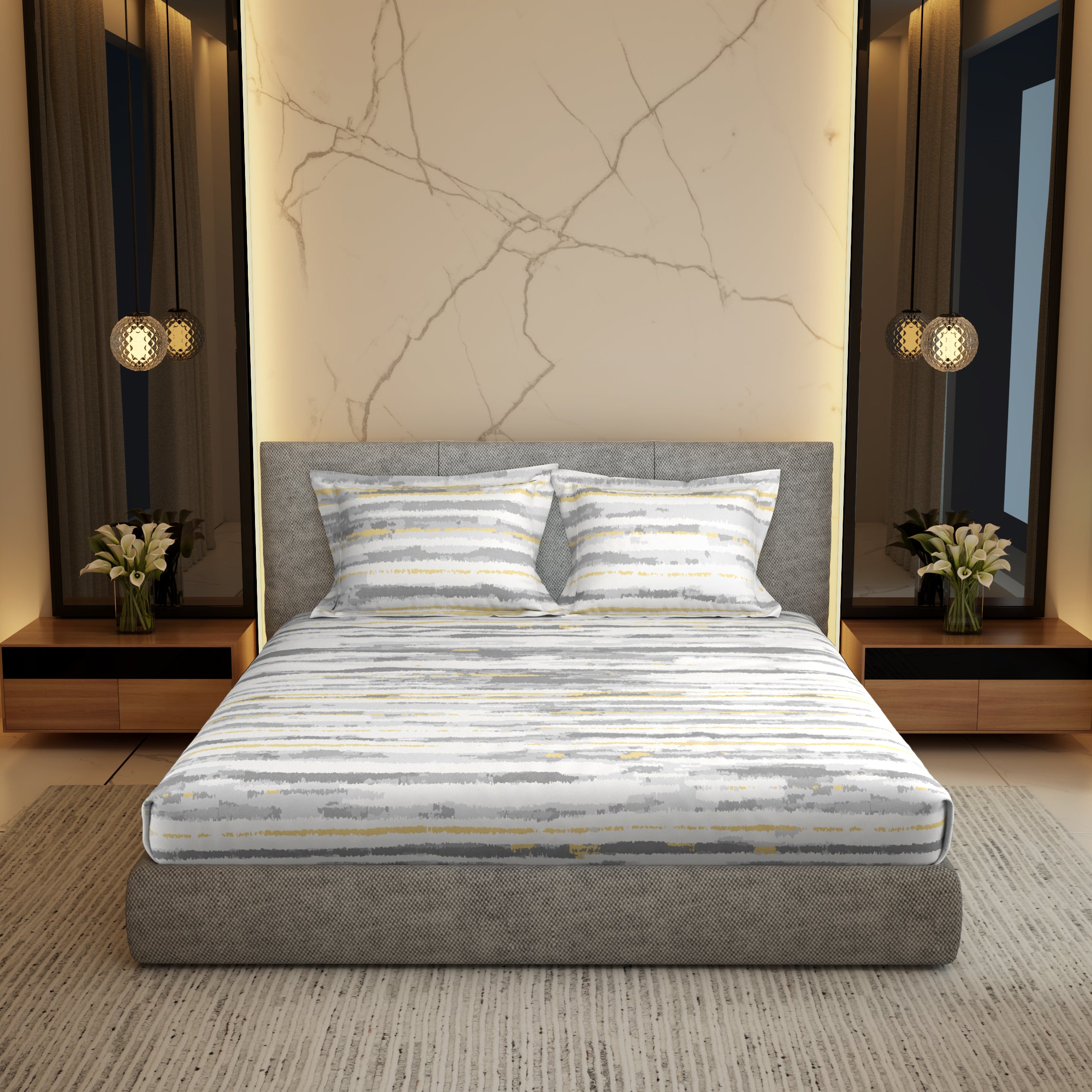 The Gold Collection | Printed King Bedsheet Set | 300 TC Cotton | Charcoal Grey