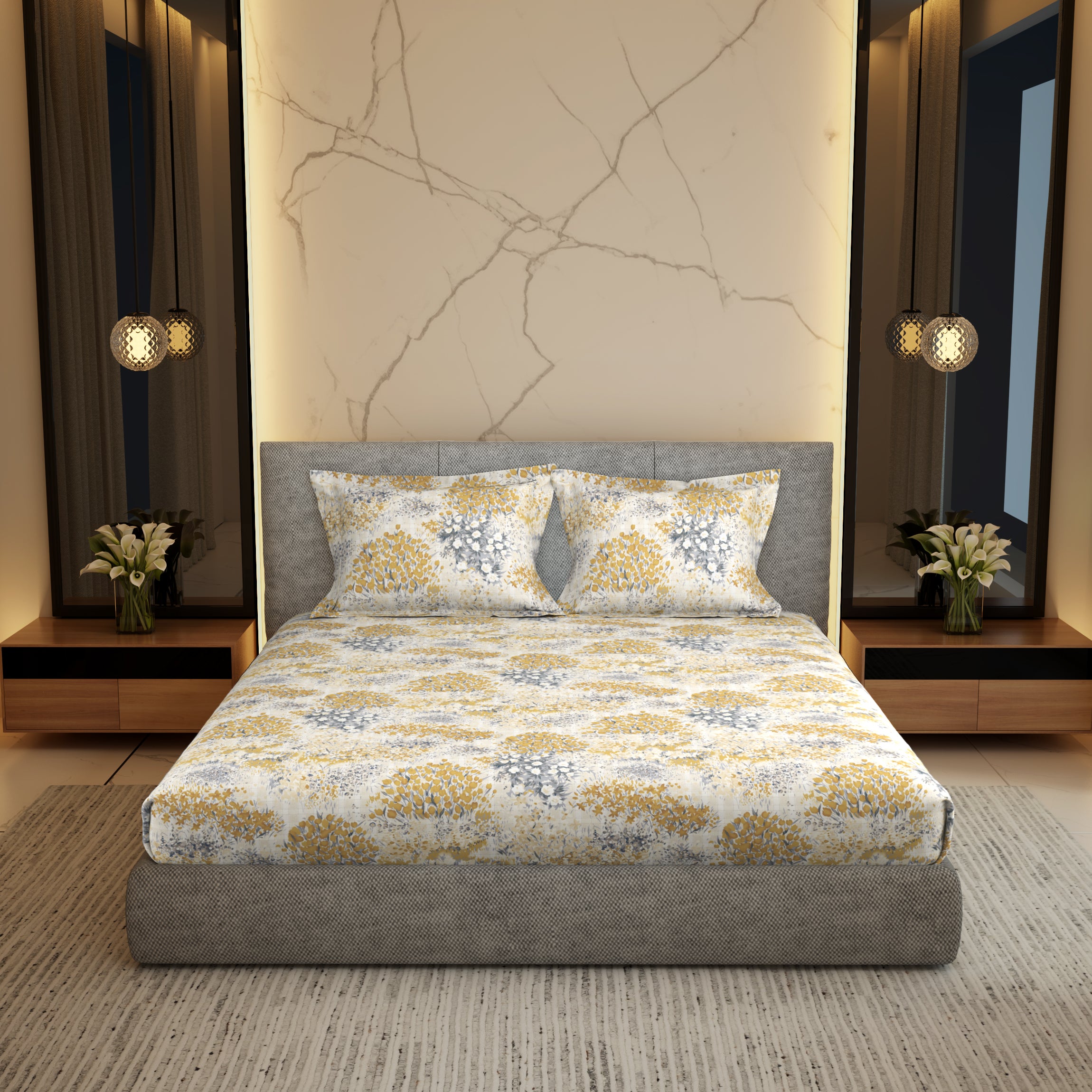 Gold Collection, Floral Haven | Printed King Bedsheet Set | 300 TC Cotton - Gold Yellow by Himeya