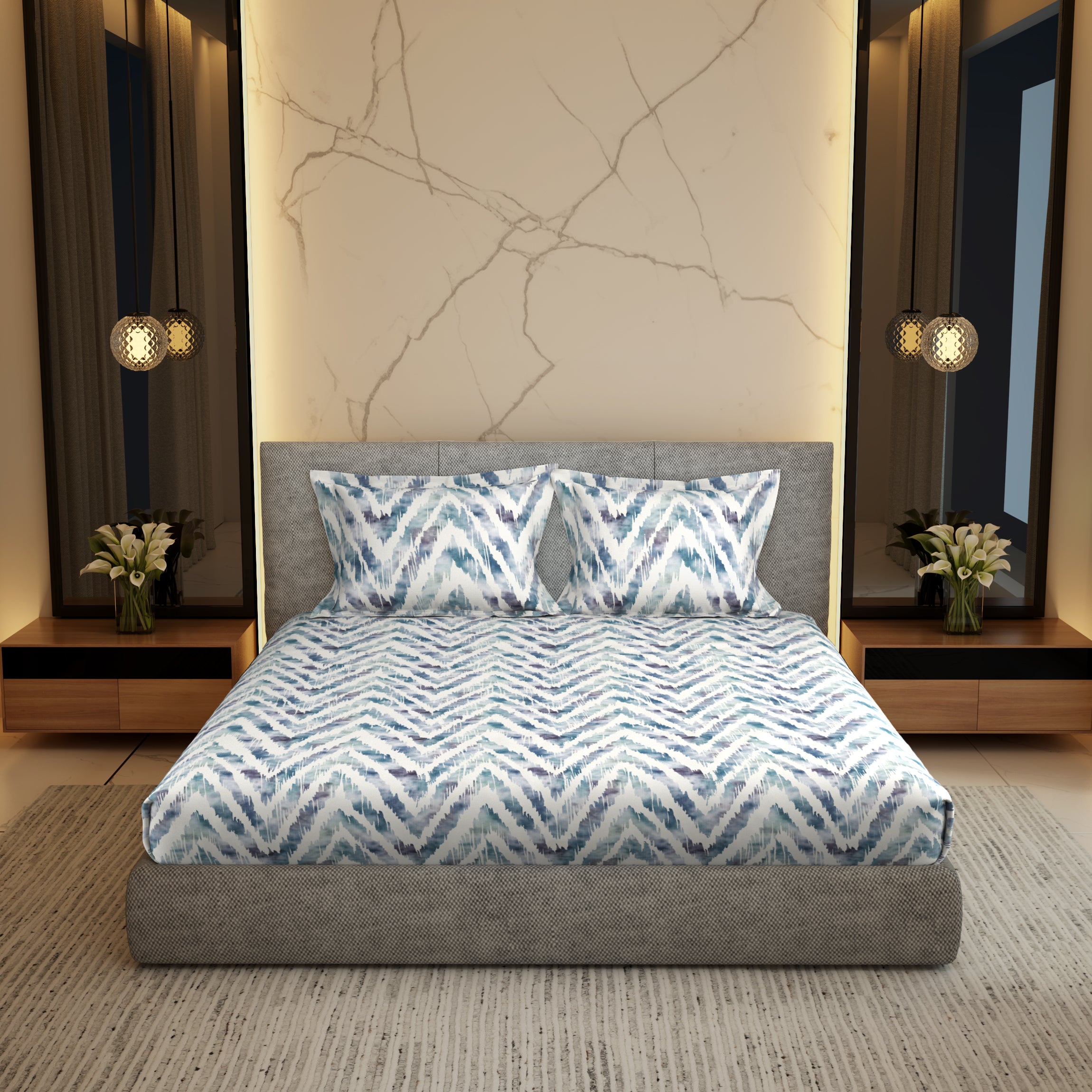 Gold Collection, Modern Canvas | Printed King Bedsheet Set | 300 TC Cotton - Stone Blue by Himeya