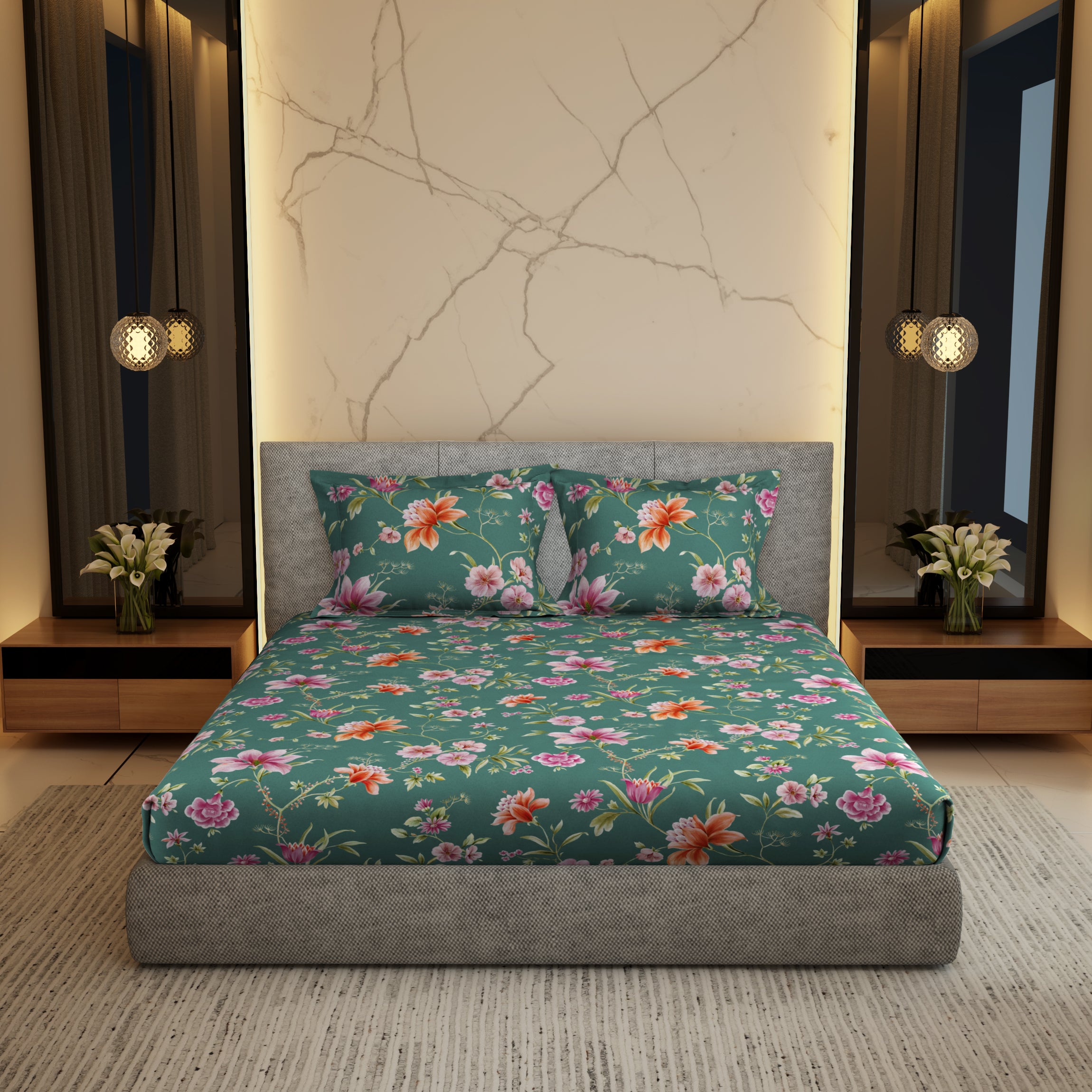 Gold Collection, Floral Haven | Printed King Bedsheet Set | 300 TC Cotton - Teal Twist by Himeya