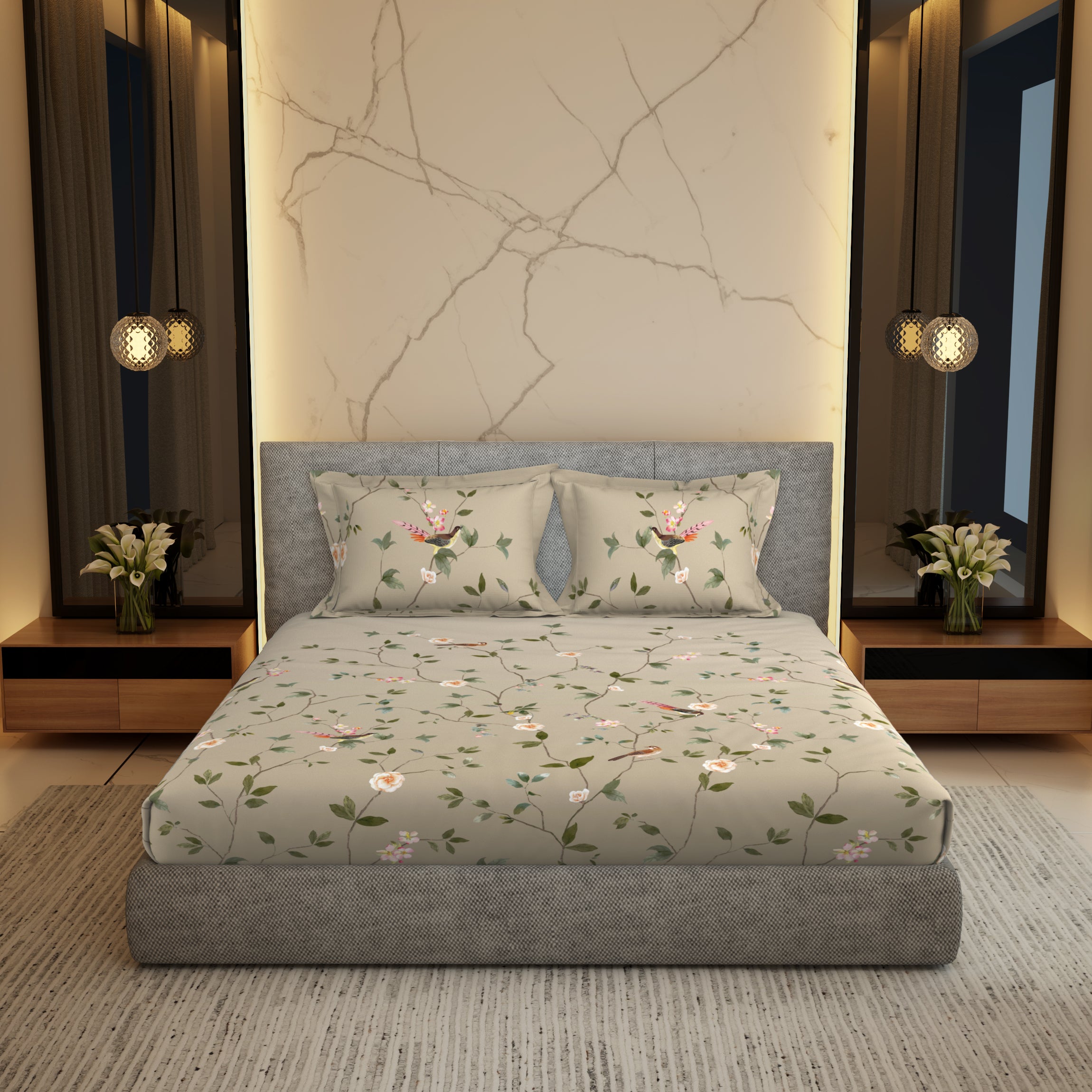 Gold Collection, Floral Haven | Printed King Bedsheet Set | 300 TC Cotton - Sand Beige by Himeya