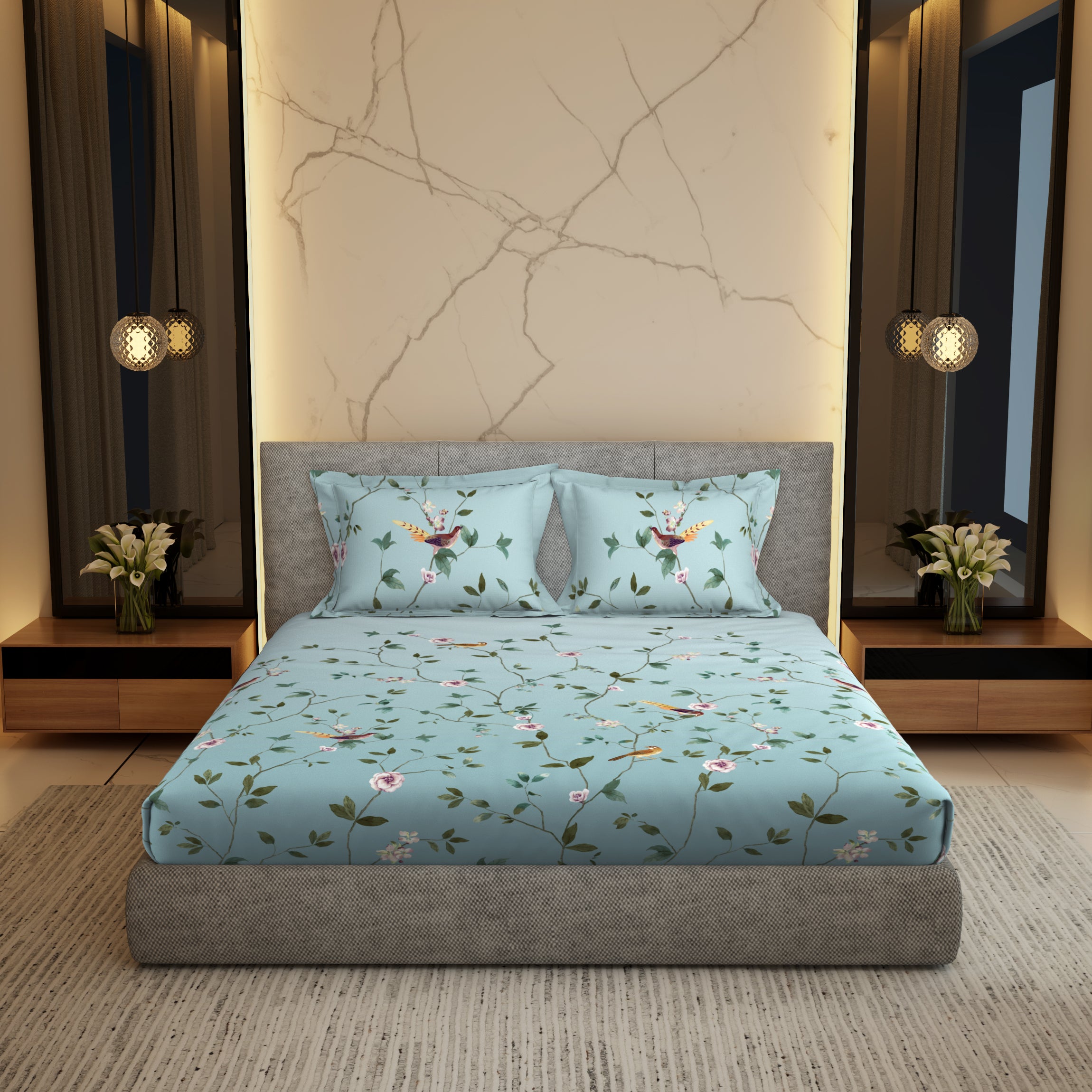 Gold Collection, Floral Haven | Printed King Bedsheet Set | 300 TC Cotton - Shell Blue by Himeya