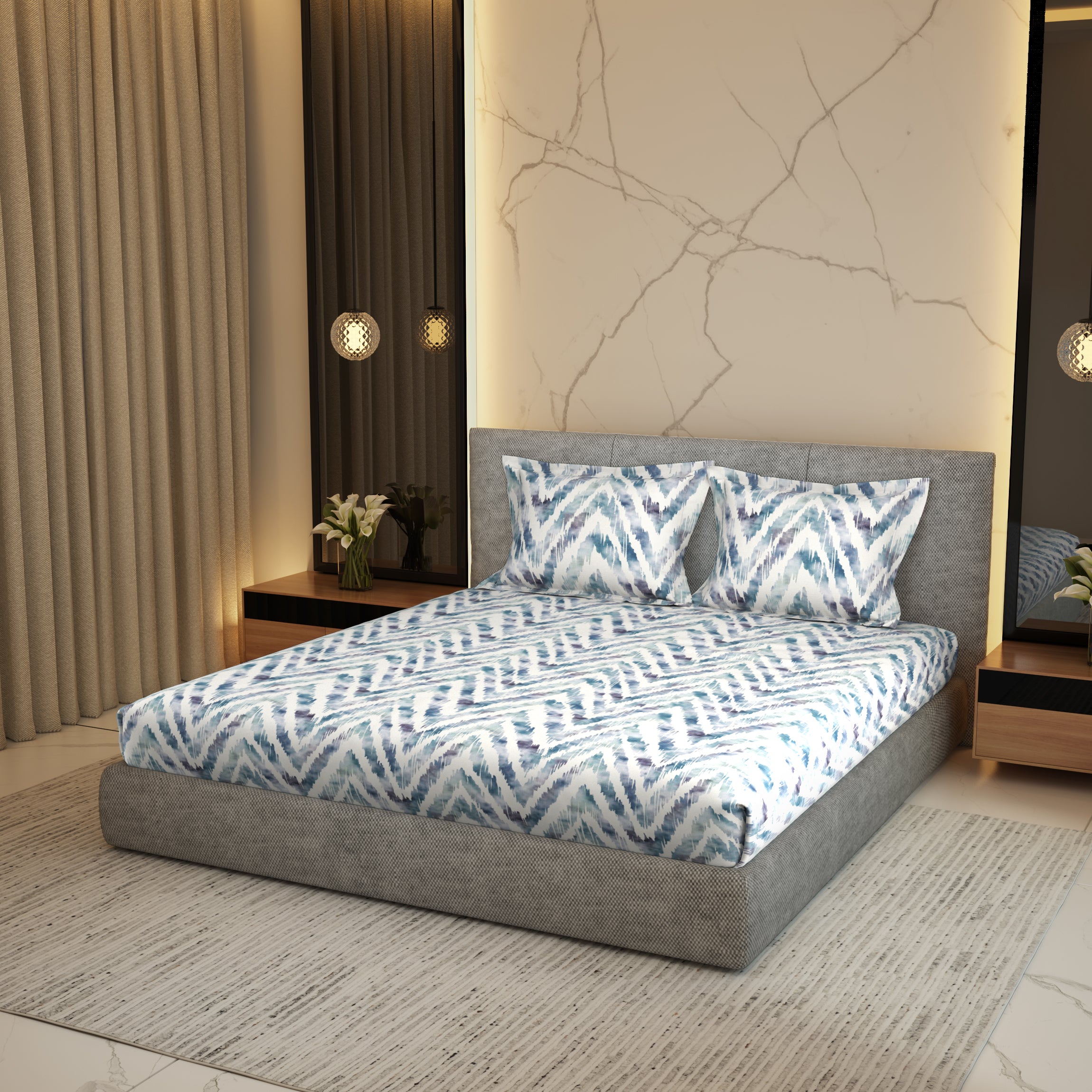 Gold Collection, Modern Canvas | Printed King Bedsheet Set | 300 TC Cotton - Stone Blue by Himeya