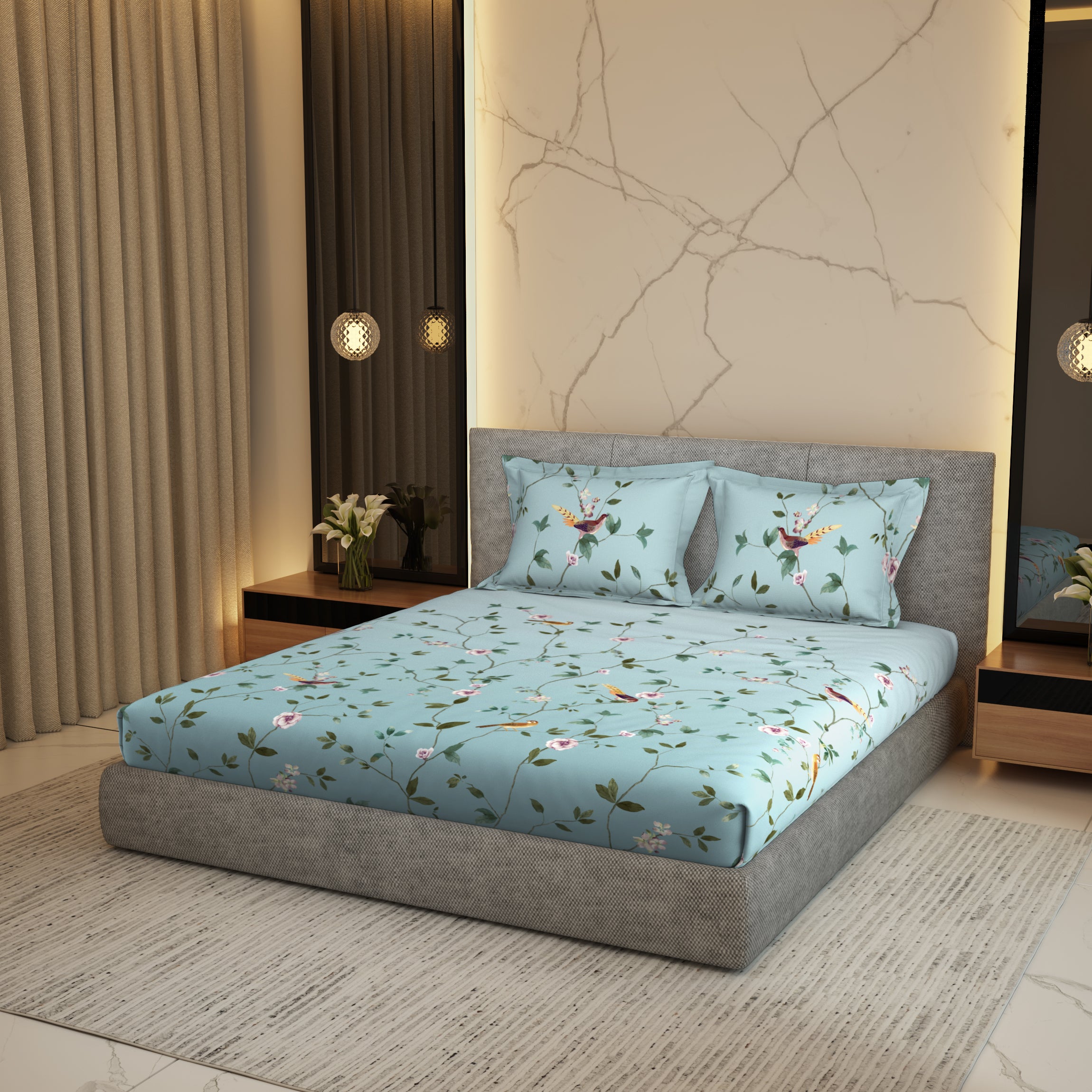 Gold Collection, Floral Haven | Printed King Bedsheet Set | 300 TC Cotton - Shell Blue by Himeya