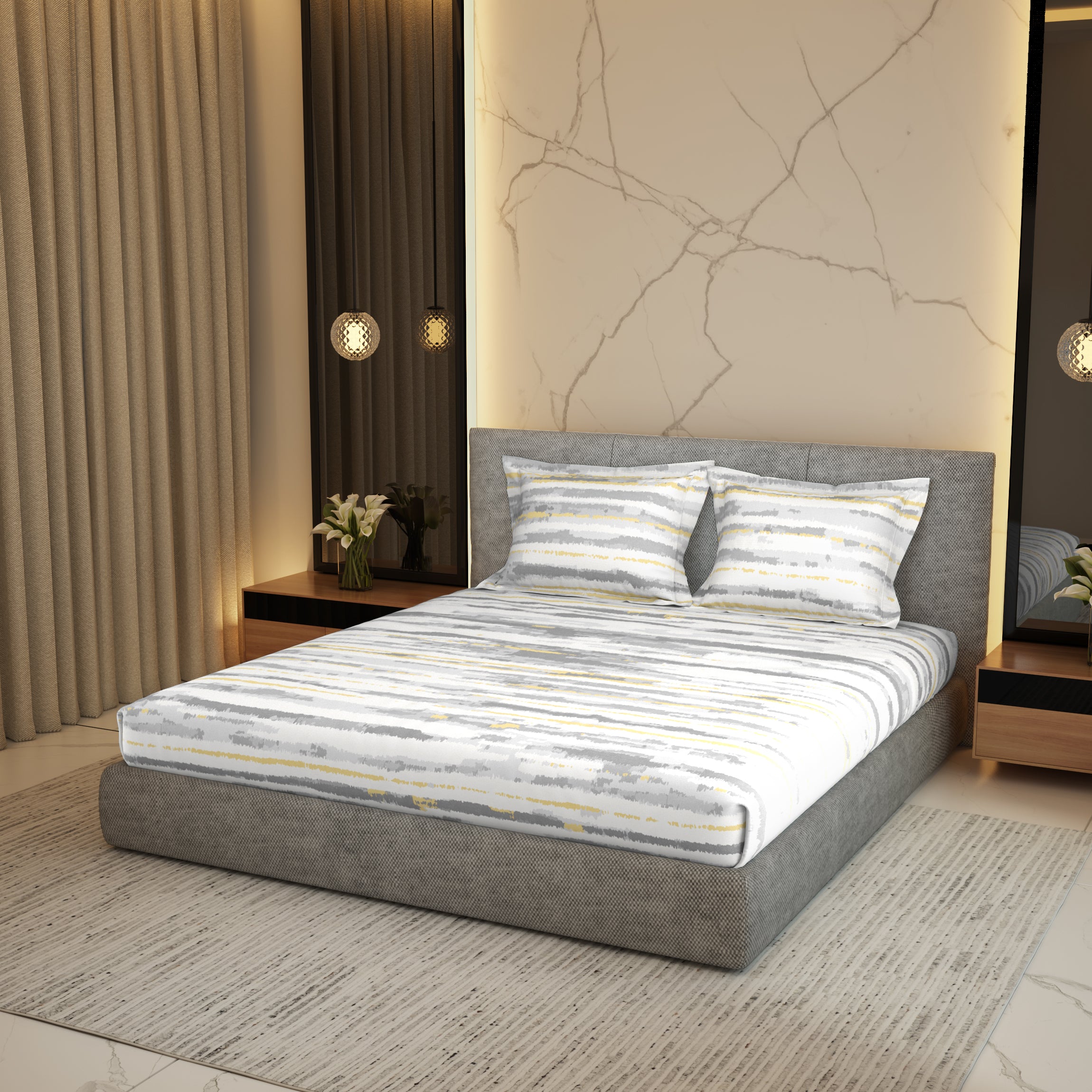 The Gold Collection | Printed King Bedsheet Set | 300 TC Cotton | Charcoal Grey