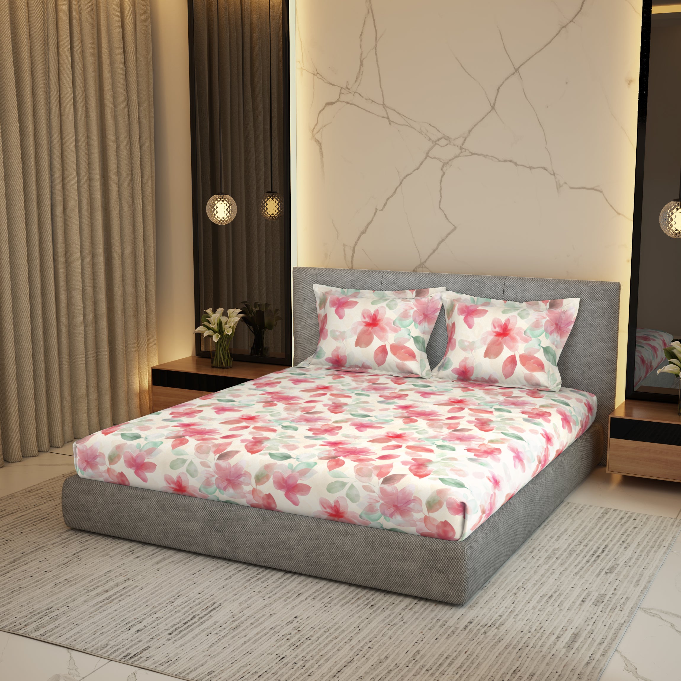 Gold Collection, Floral Haven | Printed King Bedsheet Set | 300 TC Cotton - Flamingo Pink by Himeya