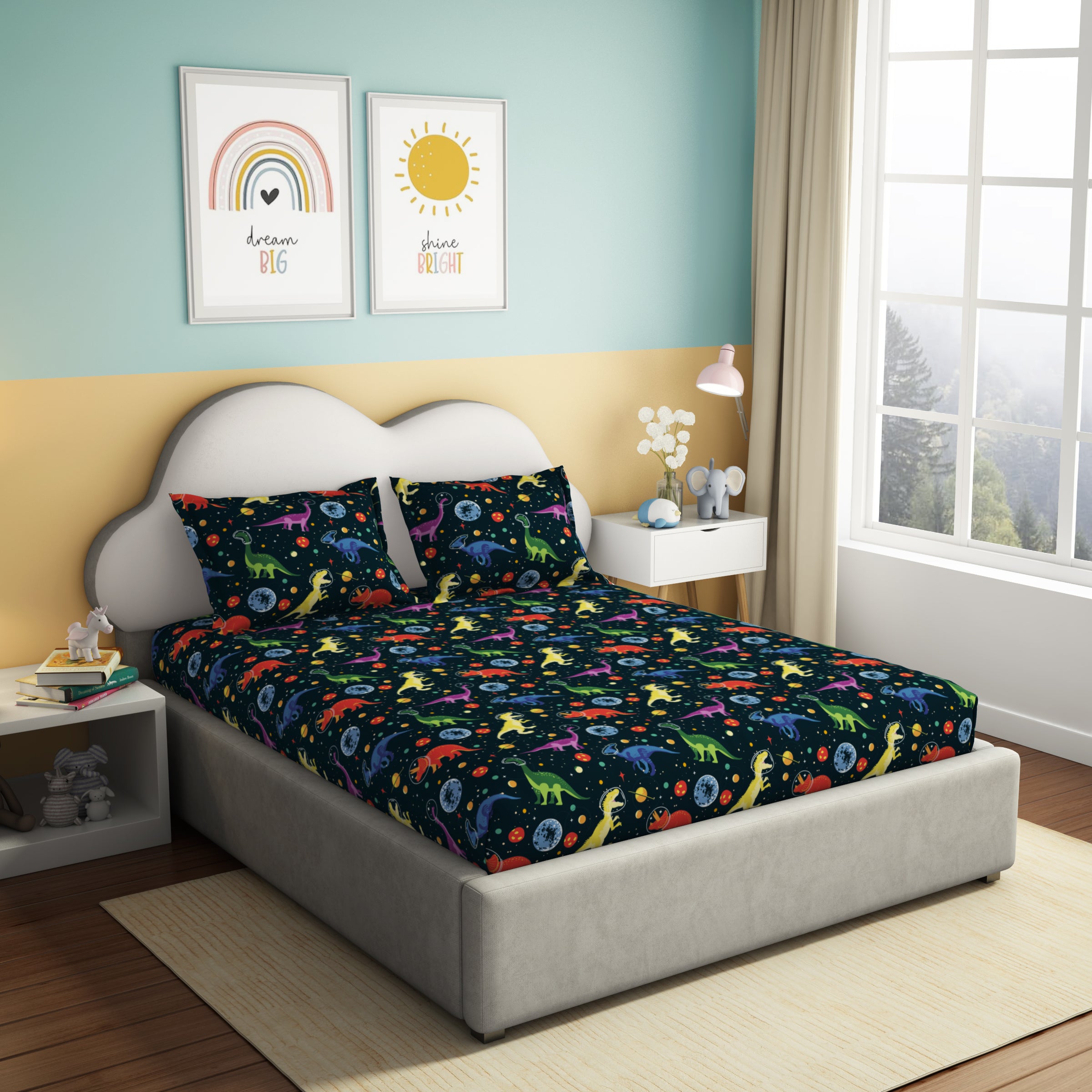 The Play Collection | Printed Double Bedsheet Set | 180 TC Cotton | Dinoverse