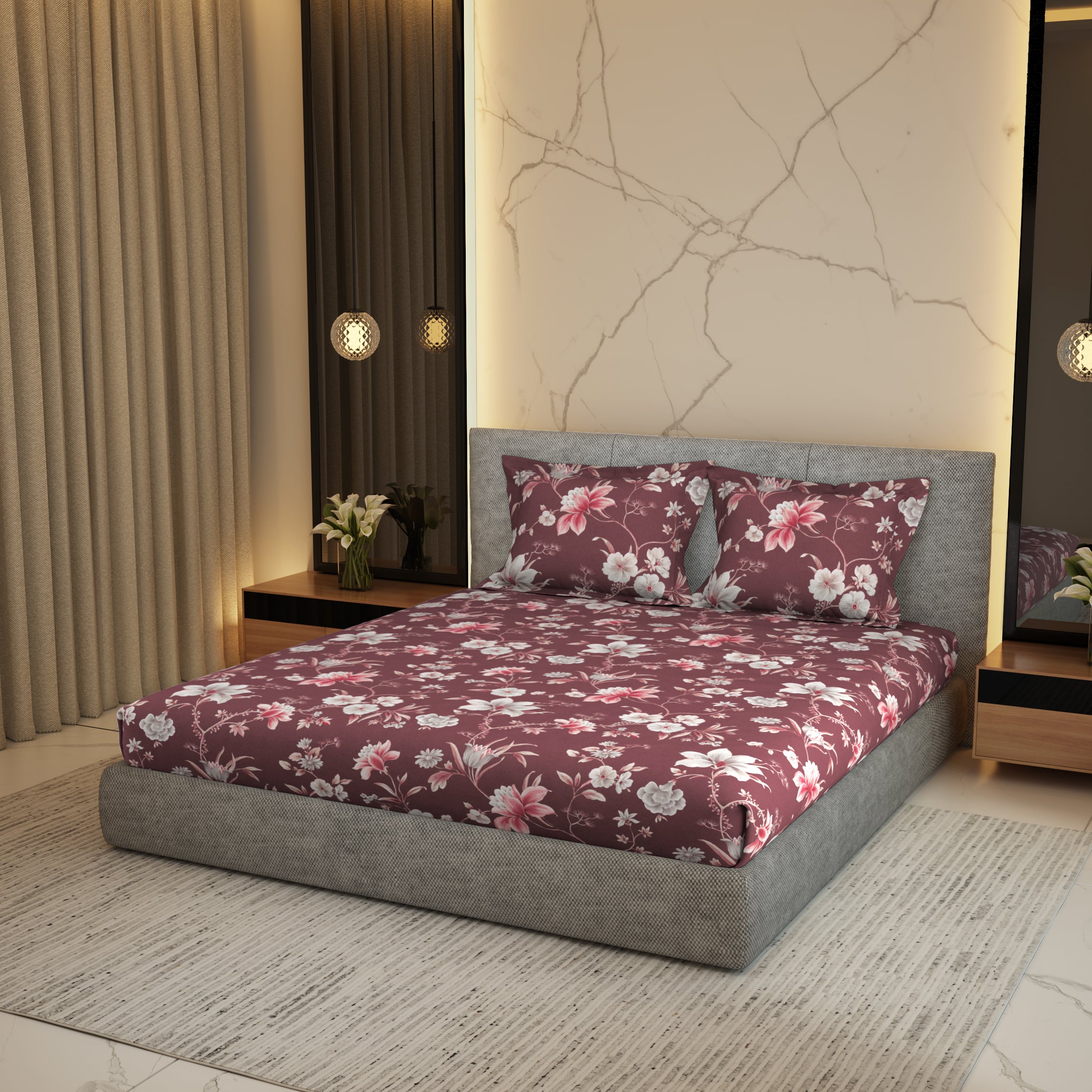 Gold Collection, Floral Haven | Printed King Bedsheet Set | 300 TC Cotton - Maroon by Himeya