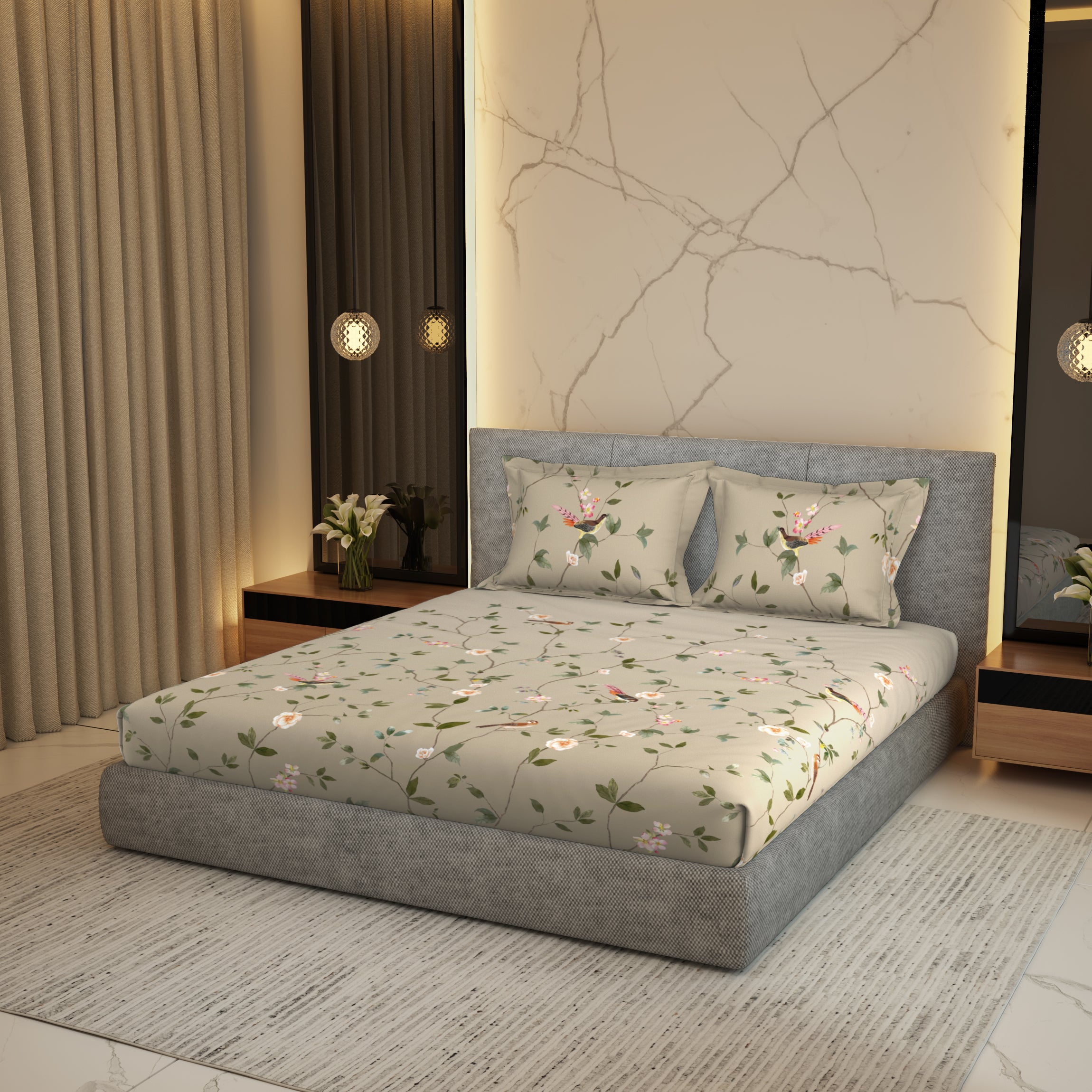 Gold Collection, Floral Haven | Printed King Bedsheet Set | 300 TC Cotton - Sand Beige by Himeya