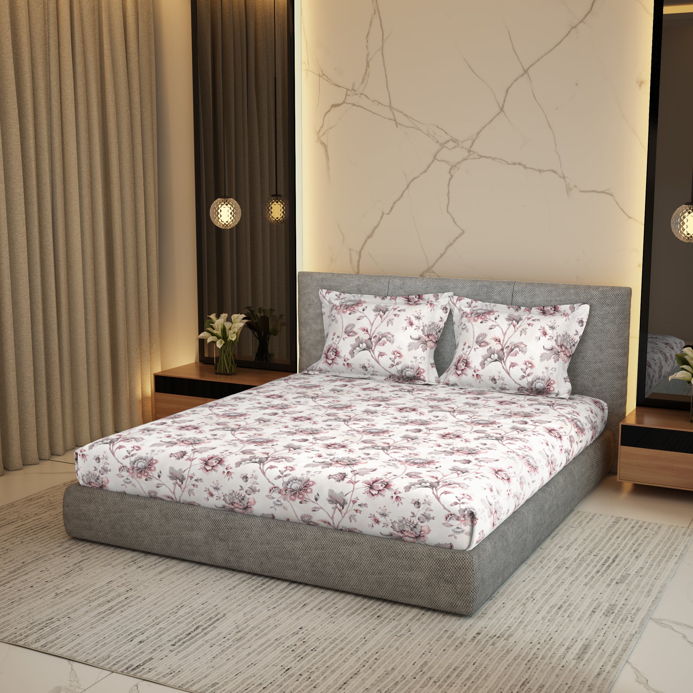 Gold Collection, Floral Haven | Printed King Bedsheet Set | 300 TC Cotton - Rose Pink by Himeya