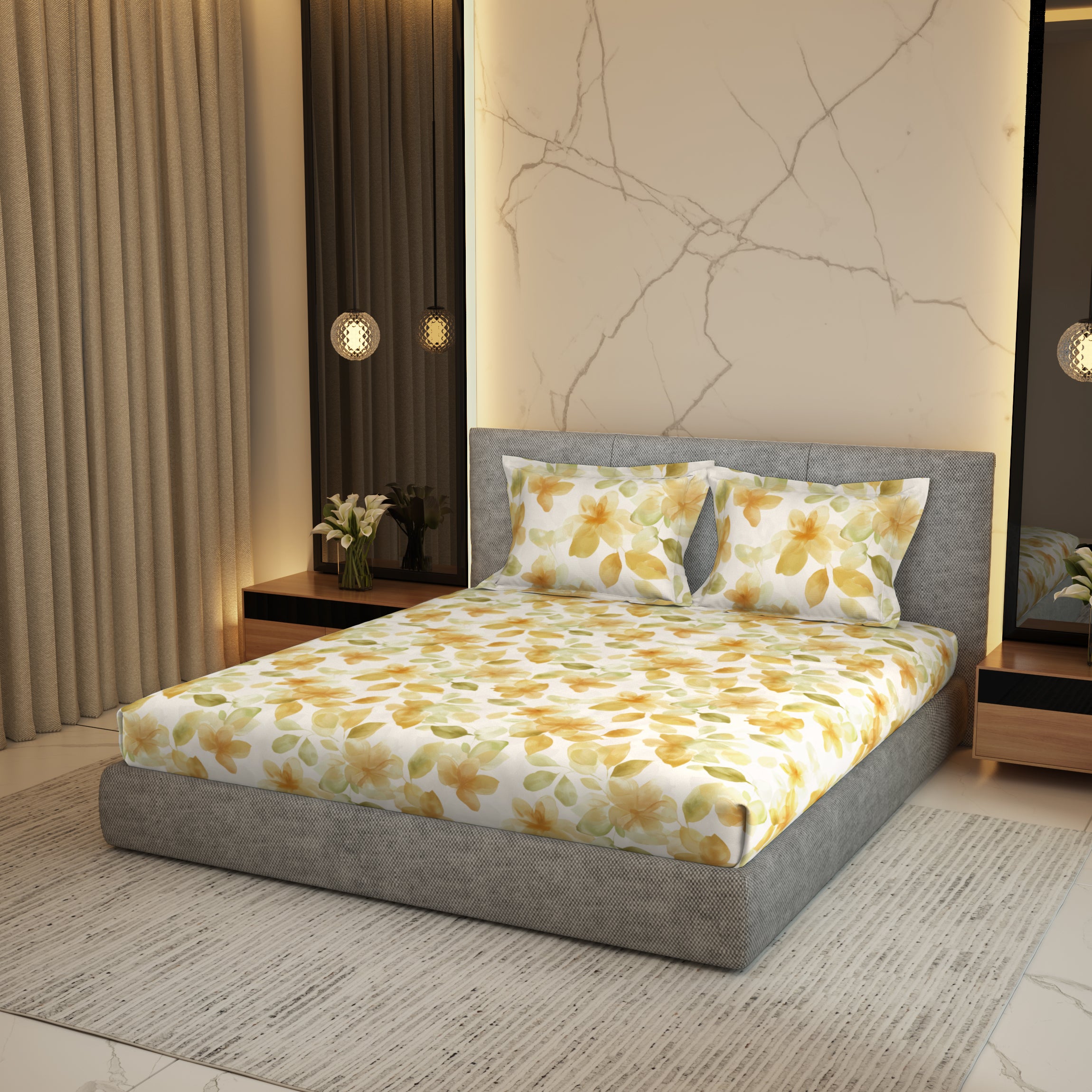 Gold Collection, Floral Haven | Printed King Bedsheet Set | 300 TC Cotton - Powder Yellow by Himeya
