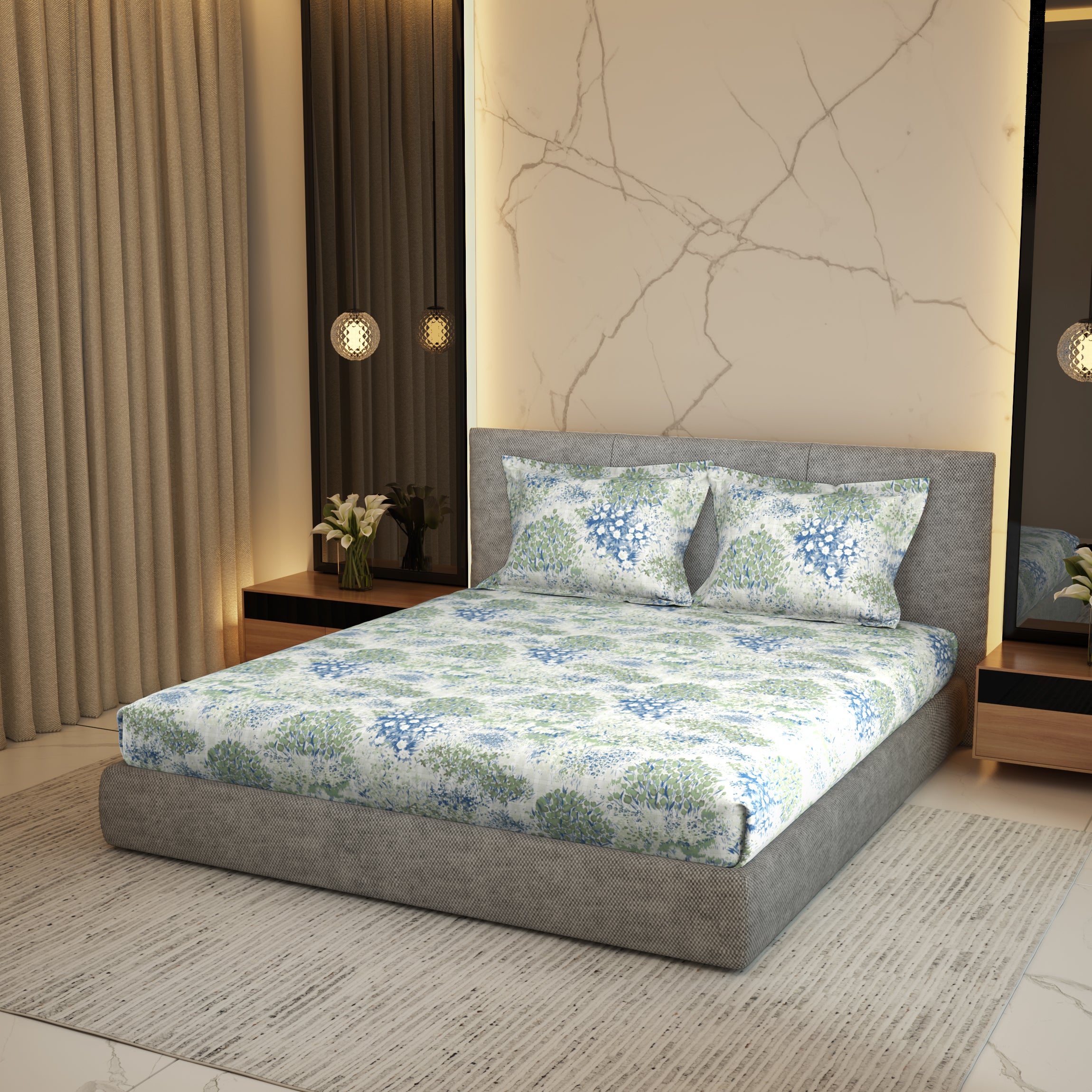 Gold Collection, Floral Haven | Printed King Bedsheet Set | 300 TC Cotton - Minty Wind by Himeya