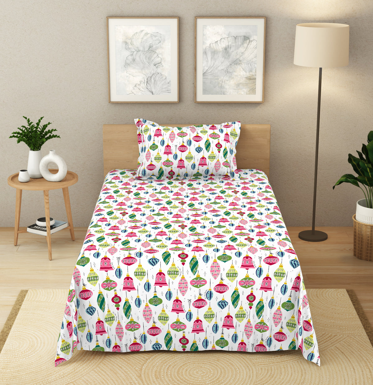 The Elegant Collection | Printed Single Bedsheet Set | 190 TC Cotton | Ornaments Holiday-Multi