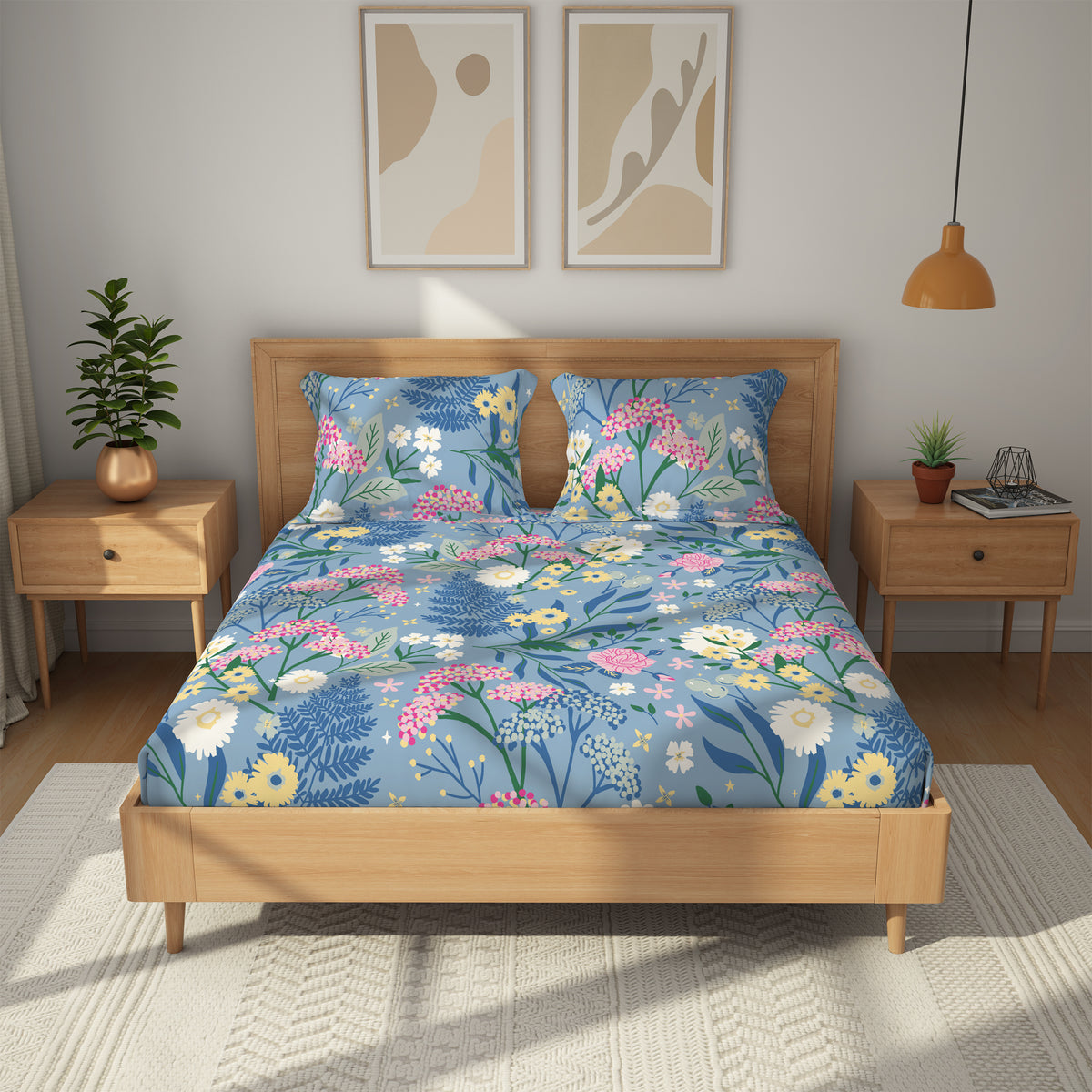Himeya 100% Cotton 180 TC Bedsheet with 2 Pillow Covers -Terrace Farm Violet Blue