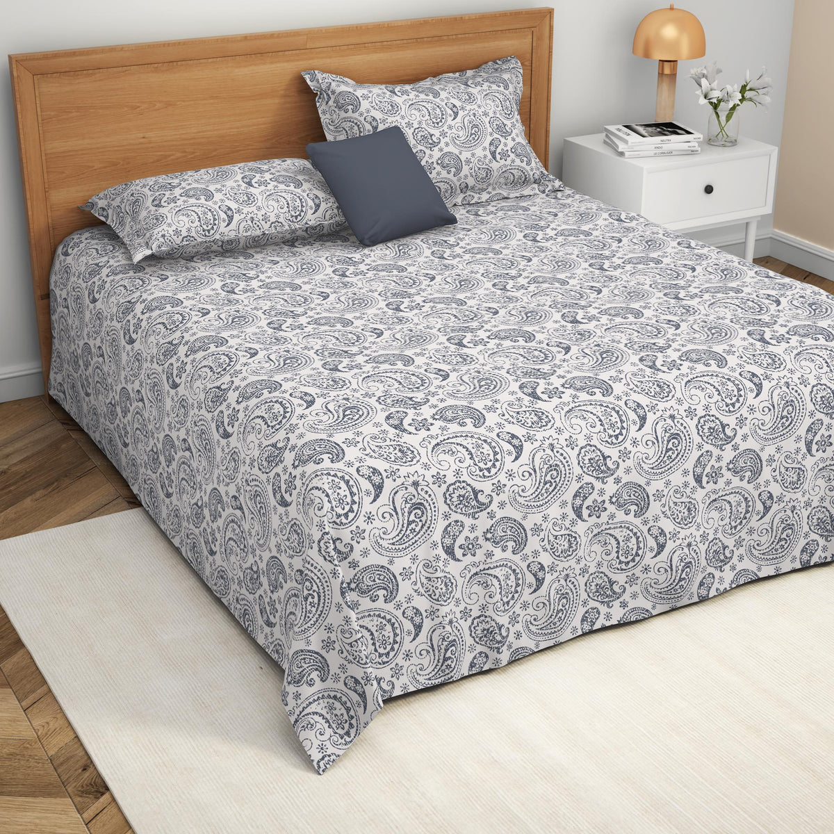 The Comfort Collection | Printed King Bedsheet Set | 120 Tc Percale Print | Soft Grey