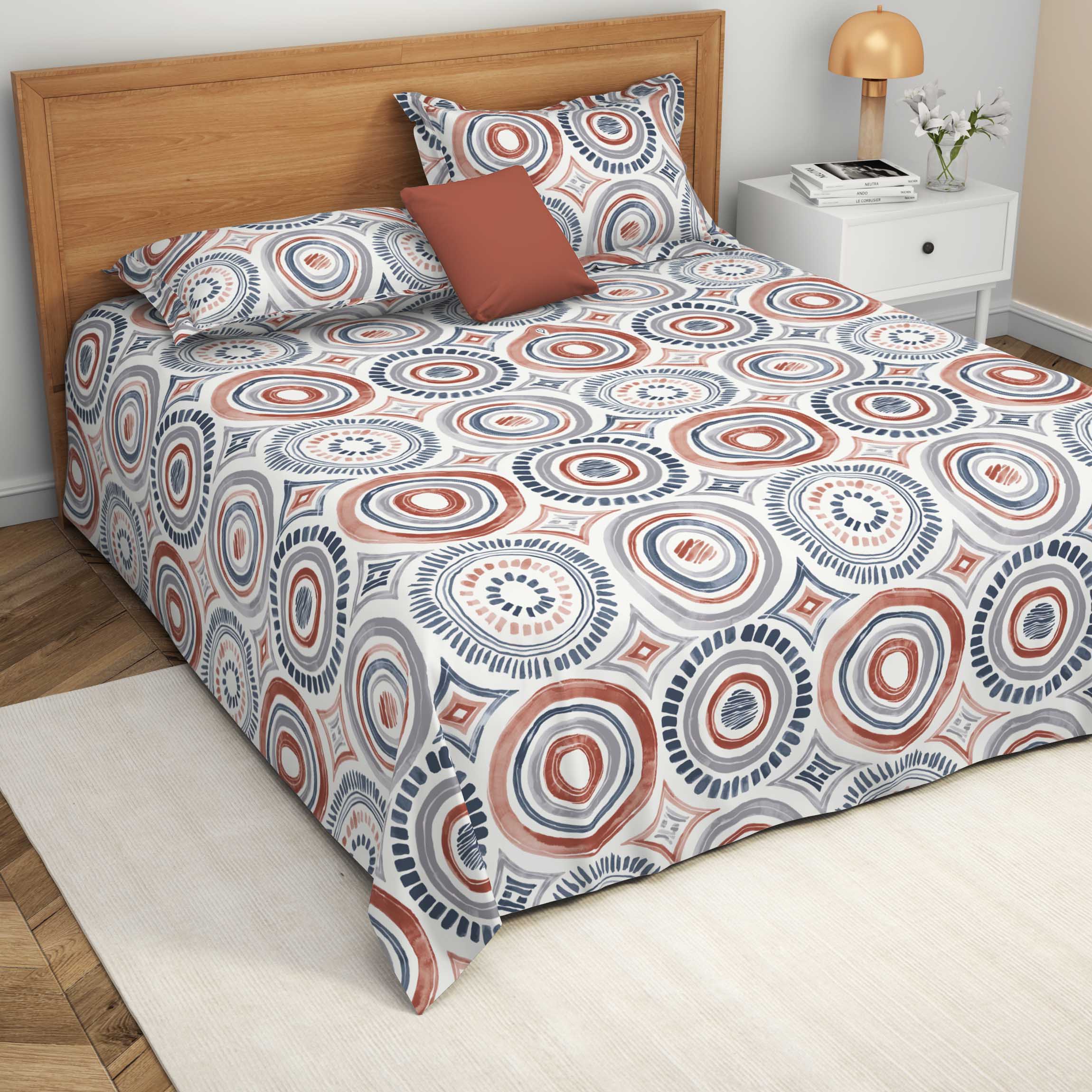 The Comfort Collection | Printed King Bedsheet Set | 120 Tc Percale Print - Indigo Rust