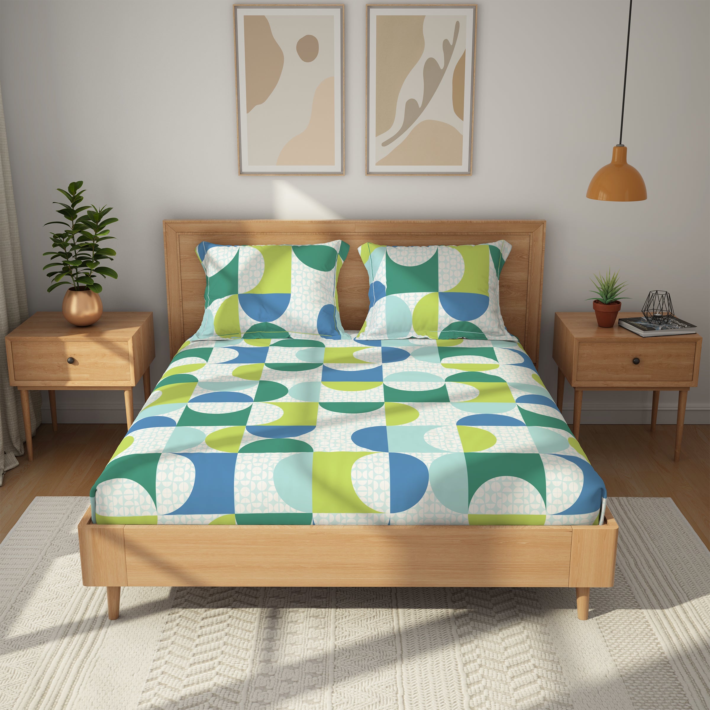 Himeya 100% Cotton 180 TC Bedsheet with 2 Pillow Covers - Carnival Island Blue