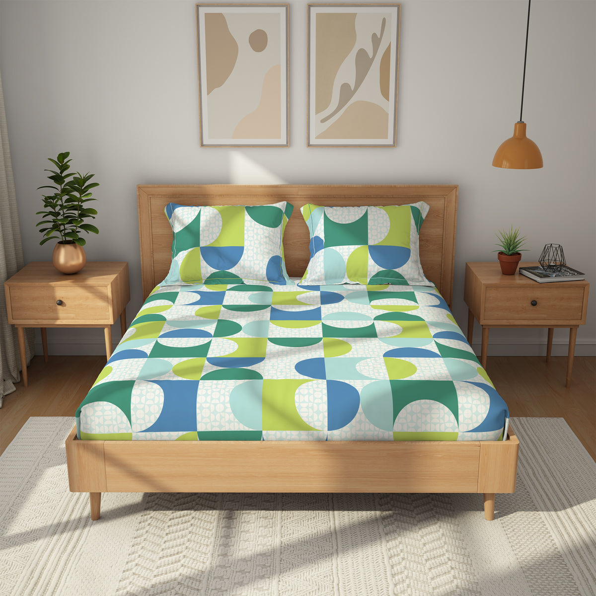 Himeya 100% Cotton 180 TC Bedsheet with 2 Pillow Covers - Carnival Island Blue