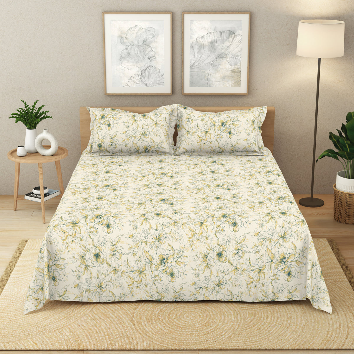 The Elite Collection | King Bedsheet Set | 180 TC Cotton | Yellow Fern