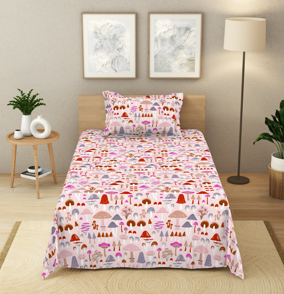 The Elegant Collection | Printed Single Bedsheet Set | 190 TC Cotton | Mushroom-Pink