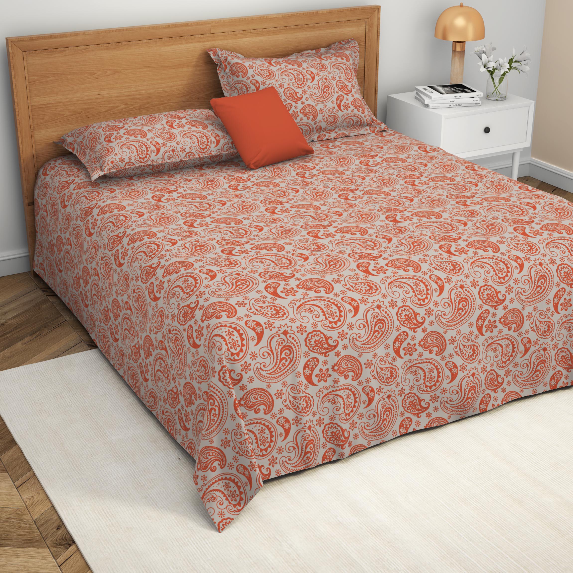 The Comfort Collection | Printed King Bedsheet Set | 120 Tc Percale Print - Rust