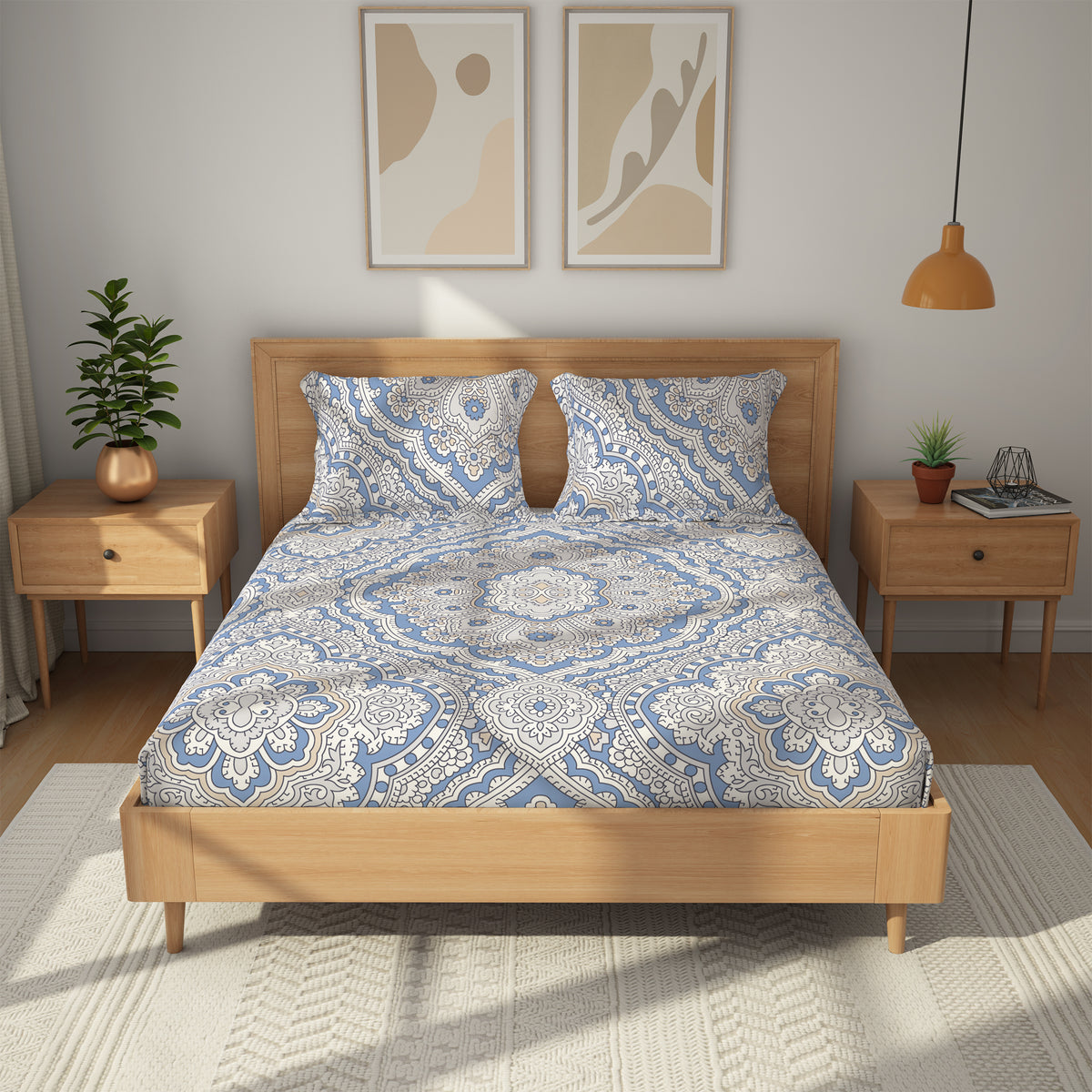 Himeya 100% Cotton 180 TC Bedsheet with 2 Pillow Covers - Kundan Light Sapphire