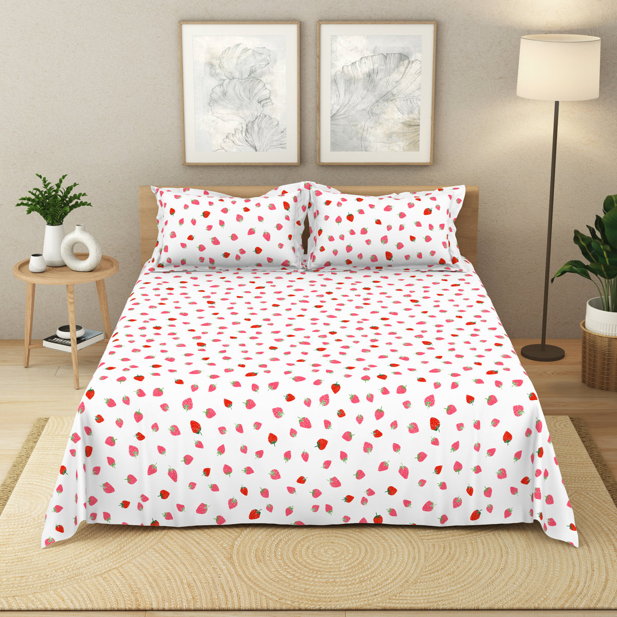 The Elegant Collection | Printed Double Bedsheet Set | 190 TC Cotton | Tossed Strawbery-Red