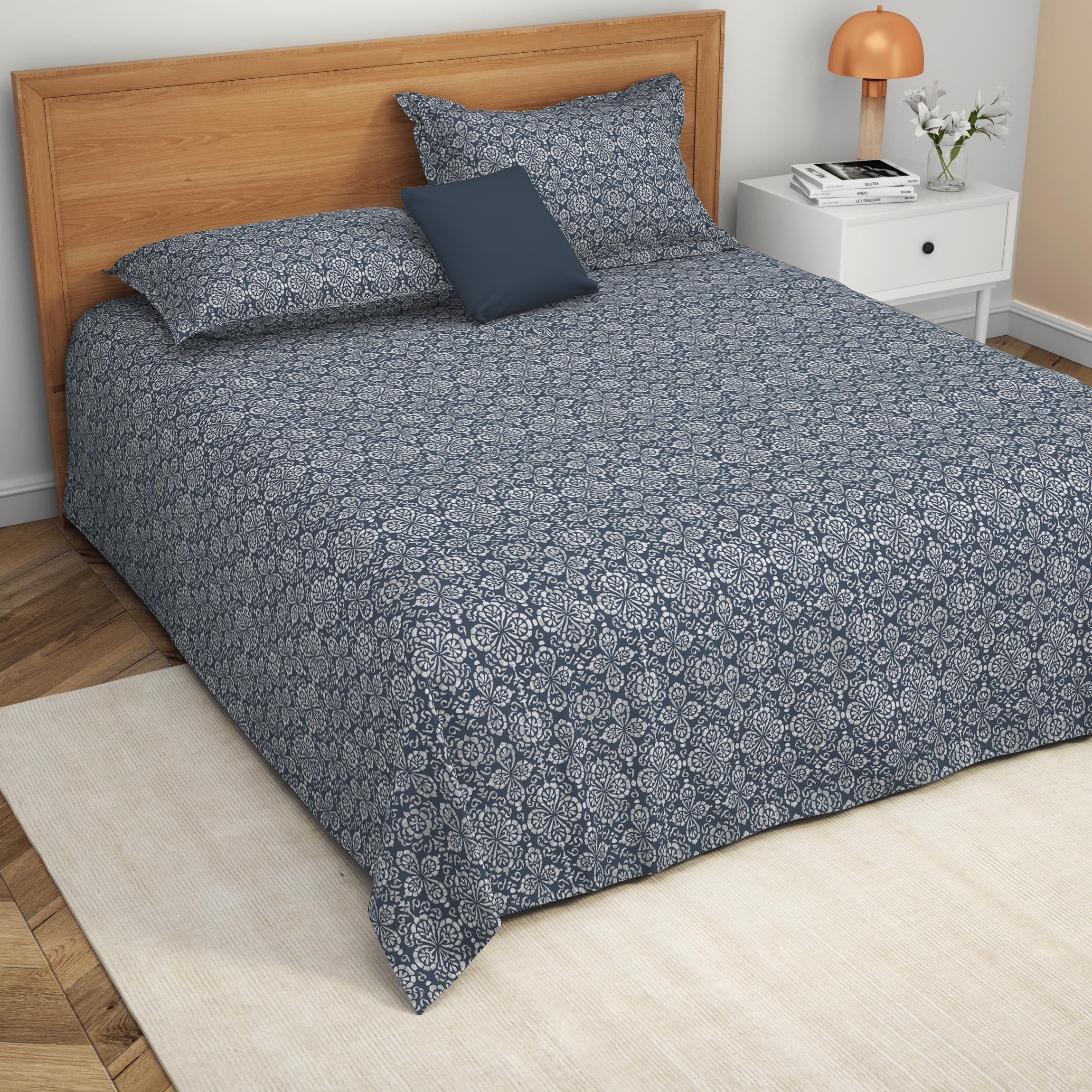 The Comfort Collection | Printed King Bedsheet Set | 120 Tc Percale Print | Indigo