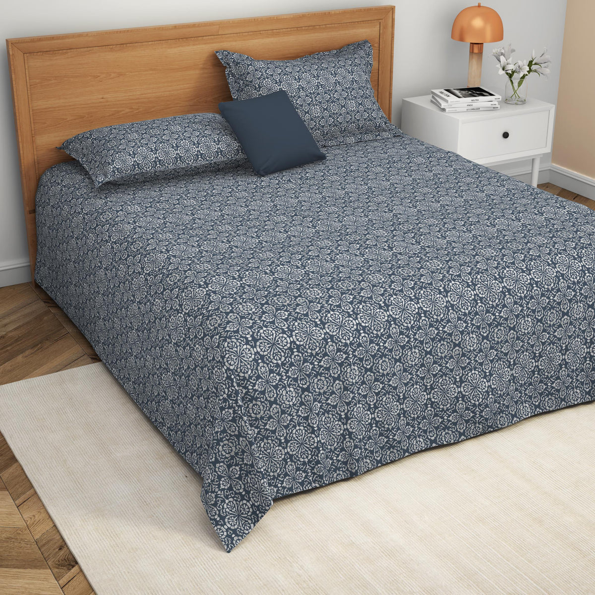 The Comfort Collection | Printed King Bedsheet Set | 120 Tc Percale Print | Indigo