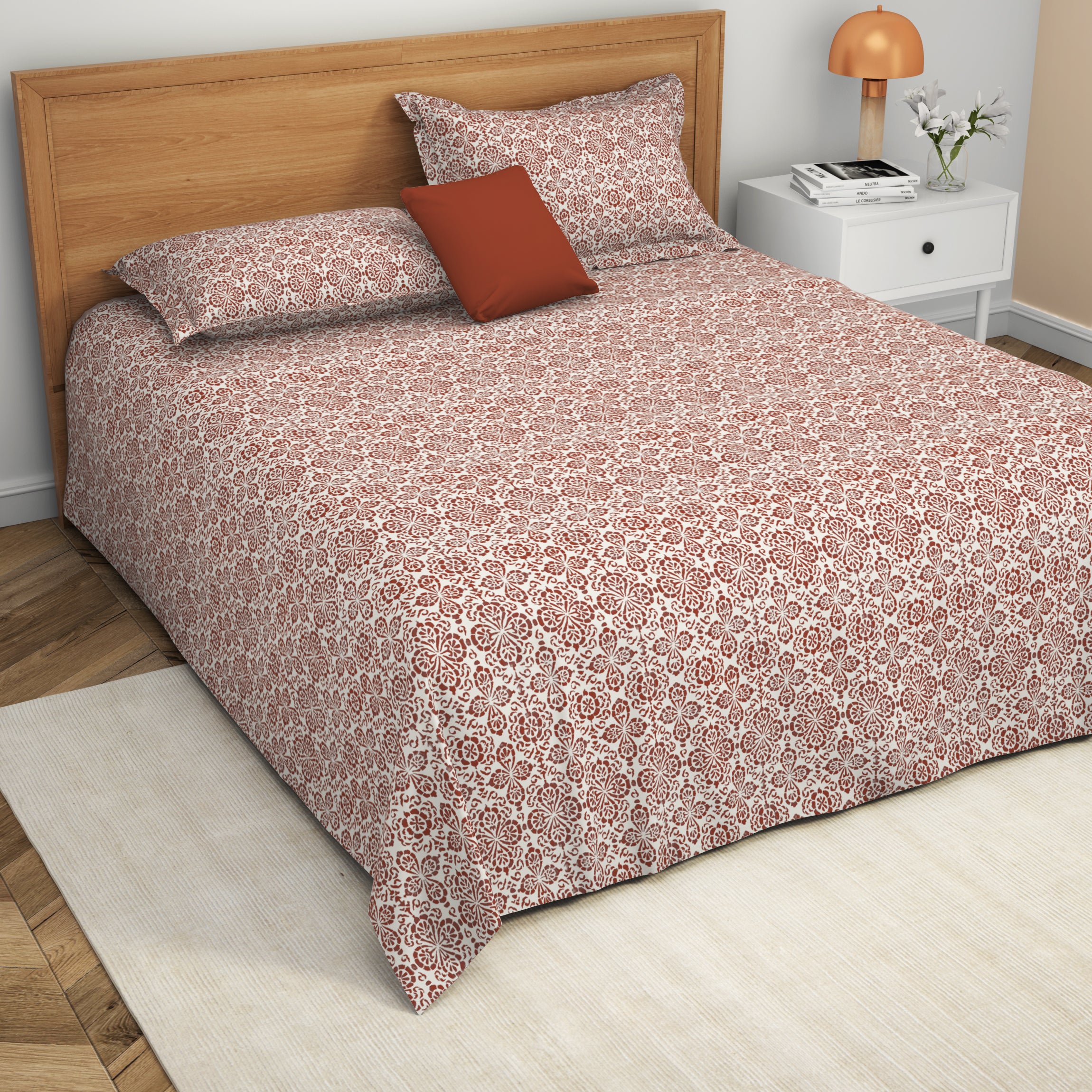 The Comfort Collection | Printed King Bedsheet Set | 120 Tc Percale Print | Rust
