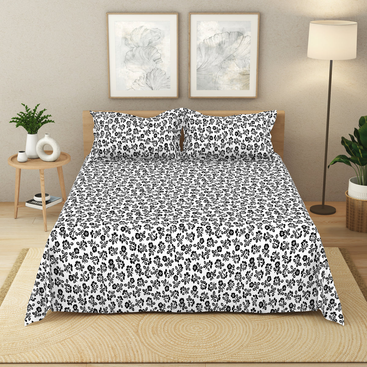 The Elegant Collection | Printed Double Bedsheet Set | 190 TC Cotton | Plain Ditsy-Black