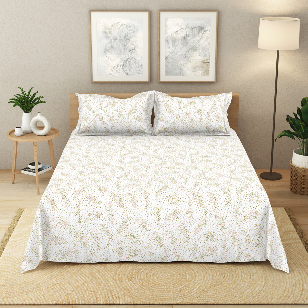 The Elegant Collection | Printed Double Bedsheet Set | 190 TC Cotton | Meadow Ditsy-Atlas Pink