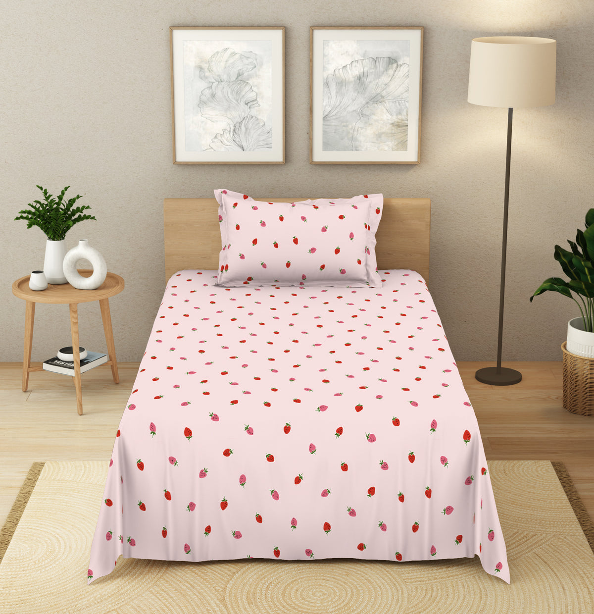 The Elegant Collection | Printed Single Bedsheet Set | 190 TC Cotton | Wild Straw Toss - Pink