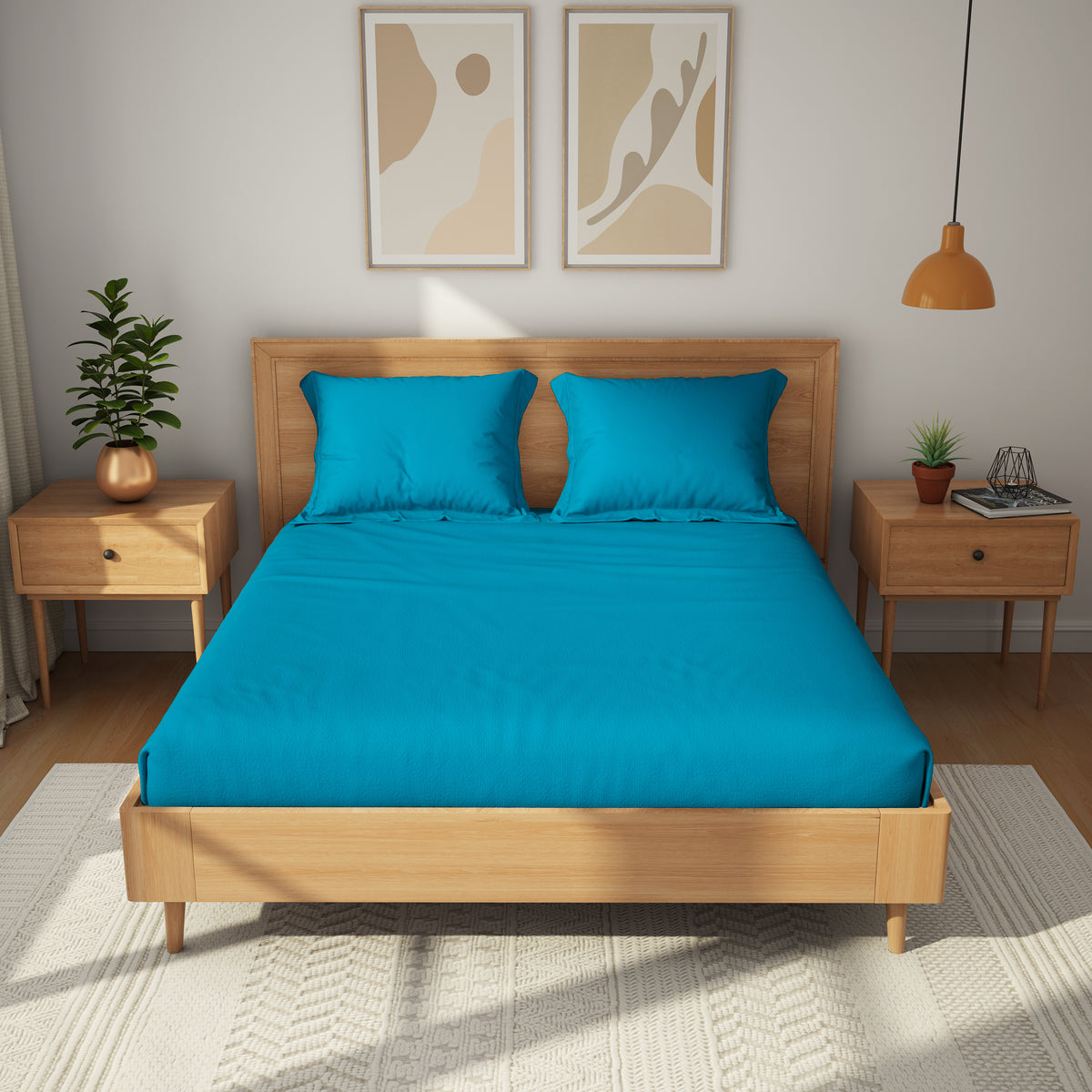 Himeya 100% Cotton 152 TC Bedsheet with 2 Pillow Covers - Peacock Blue