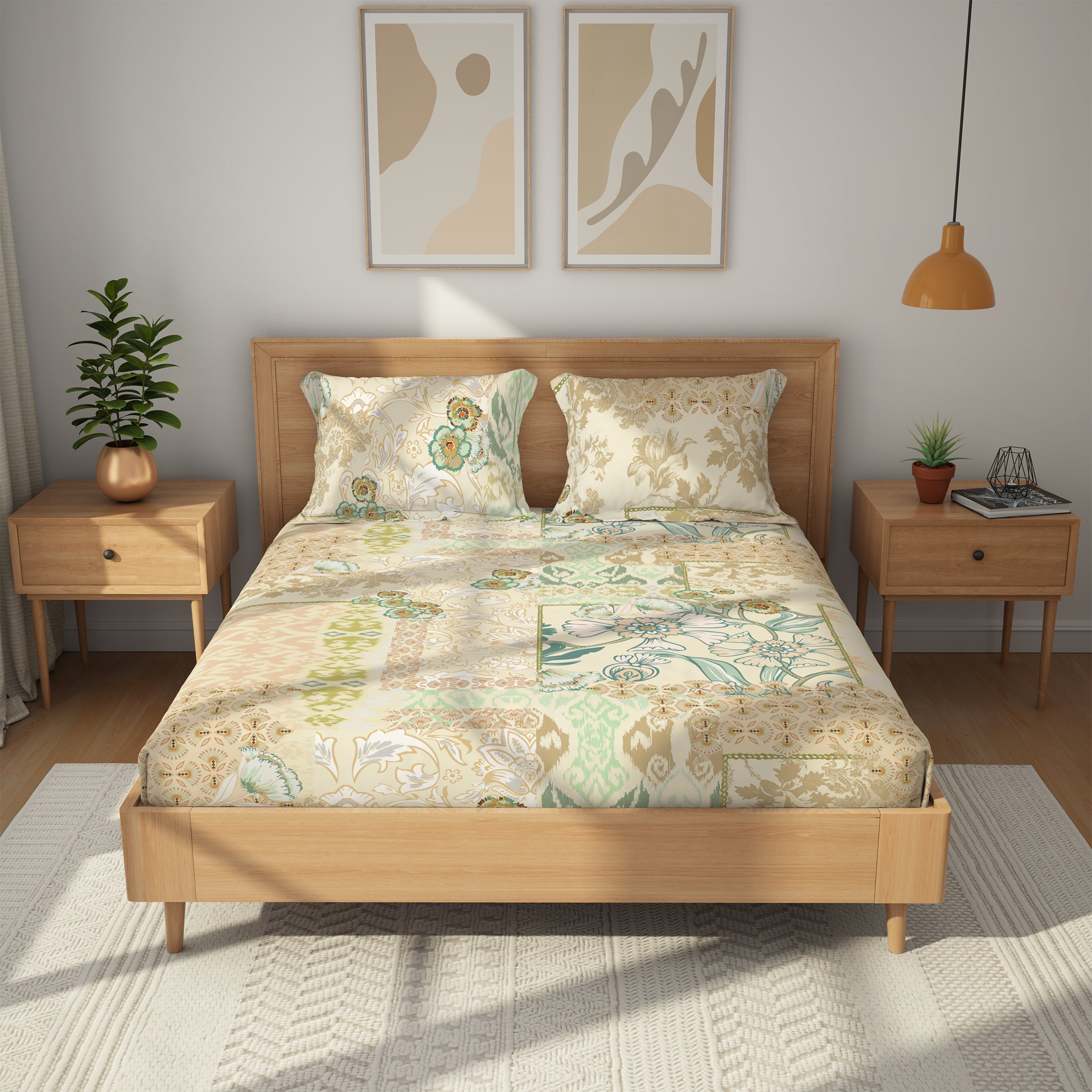 Himeya 100% Cotton 180 TC Bedsheet with 2 Pillow Covers - Charbagh Meadow Green
