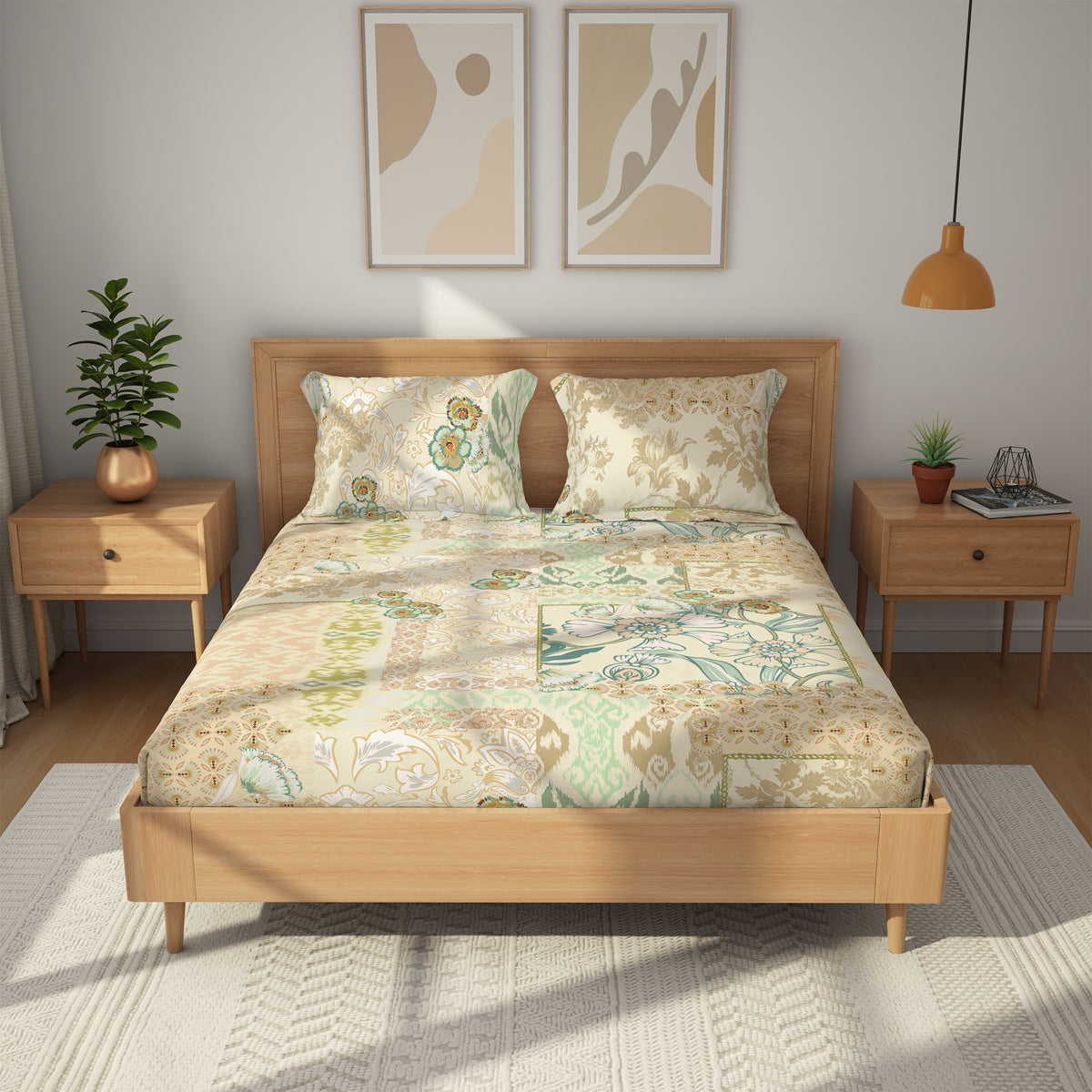 Himeya 100% Cotton 180 TC Bedsheet with 2 Pillow Covers - Charbagh Meadow Green