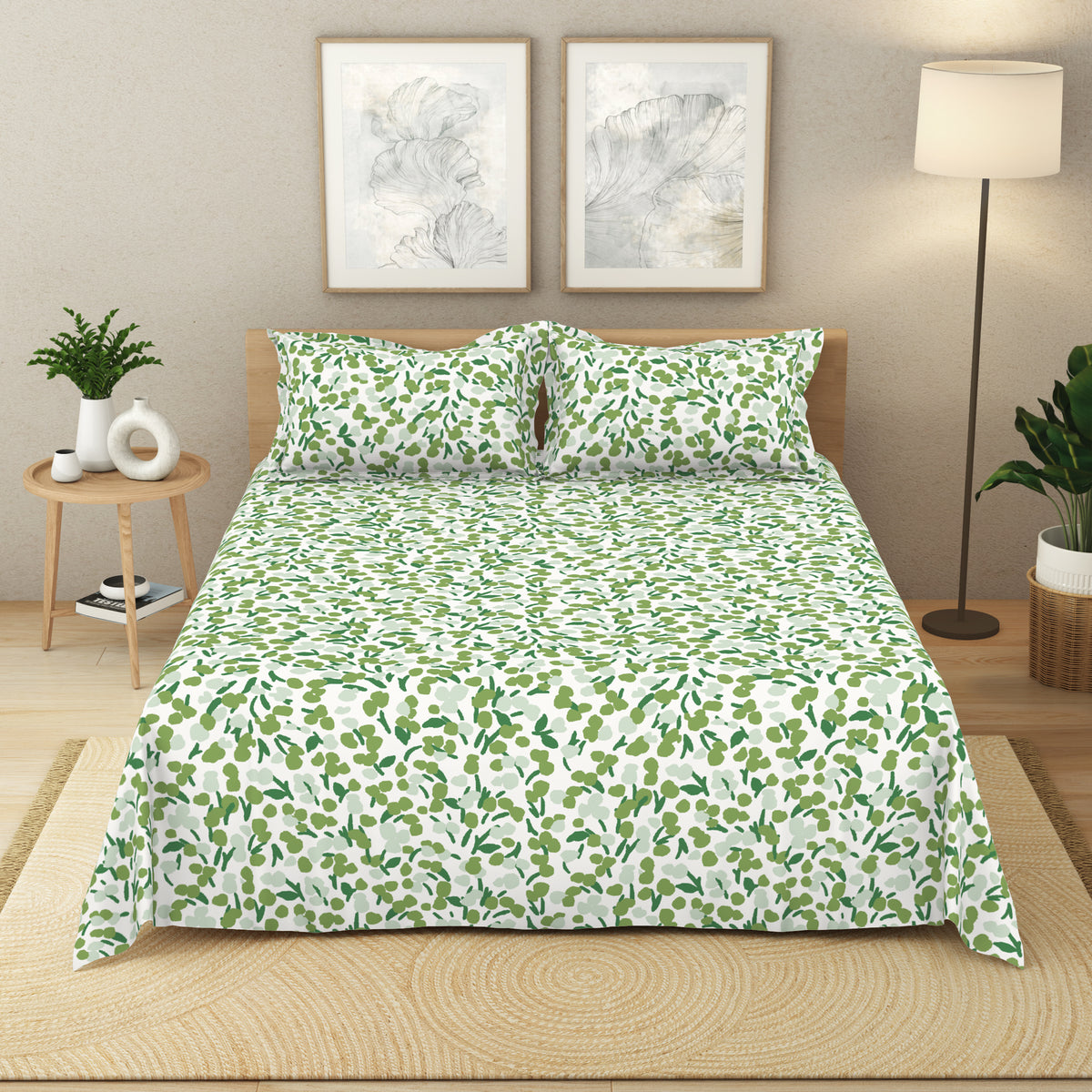 The Elegant Collection | Printed Double Bedsheet Set | 190 TC Cotton | Breezy Buds-Turtle Grn