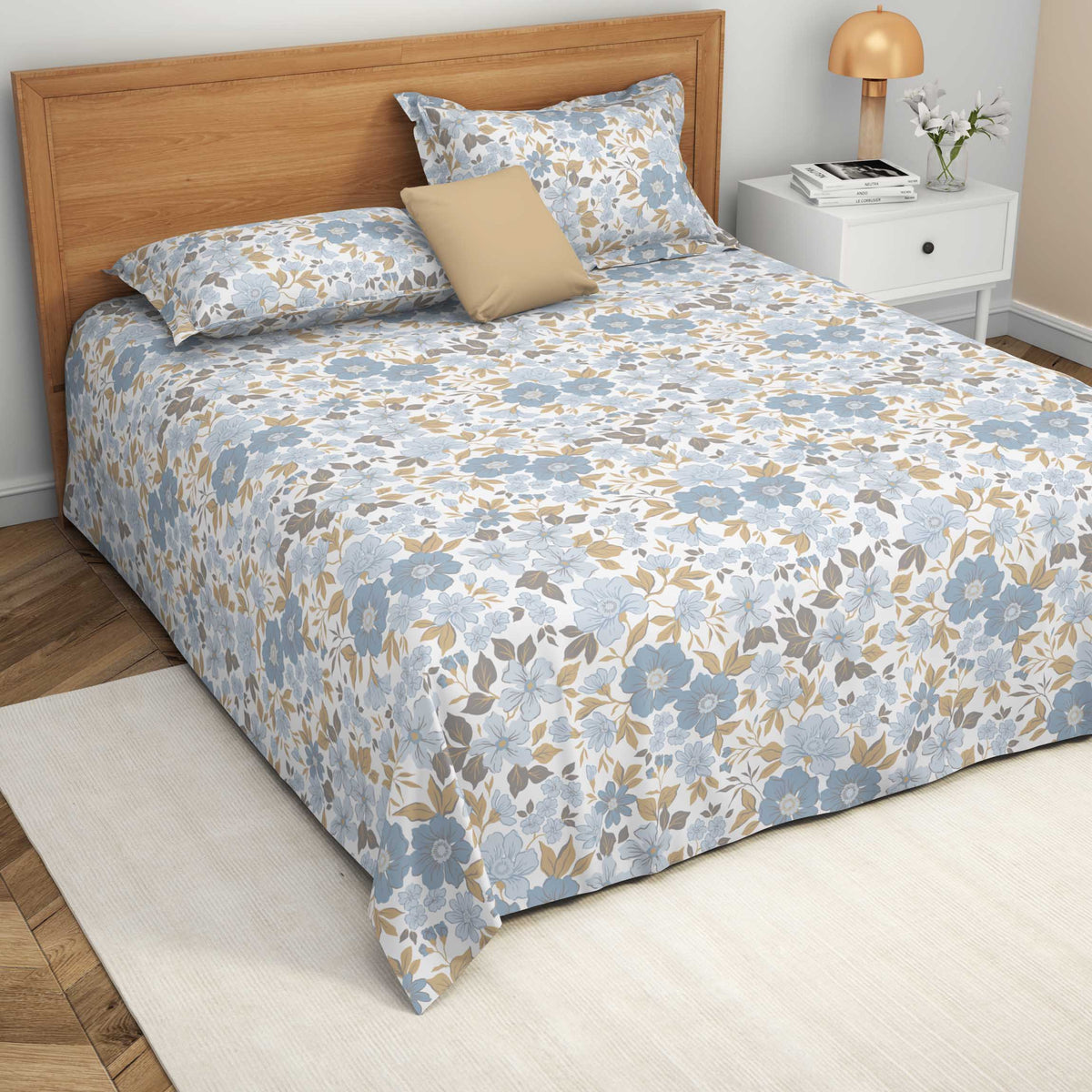 The Comfort Collection | Printed King Bedsheet Set | 120 Tc Percale Print | Dusky Blue