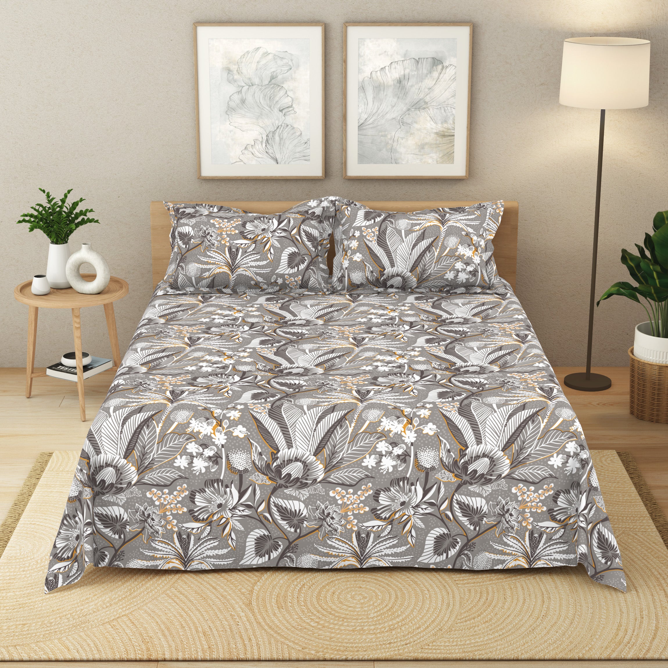 The Elite Collection | King Bedsheet Set | 180 TC Cotton | Silver Grey