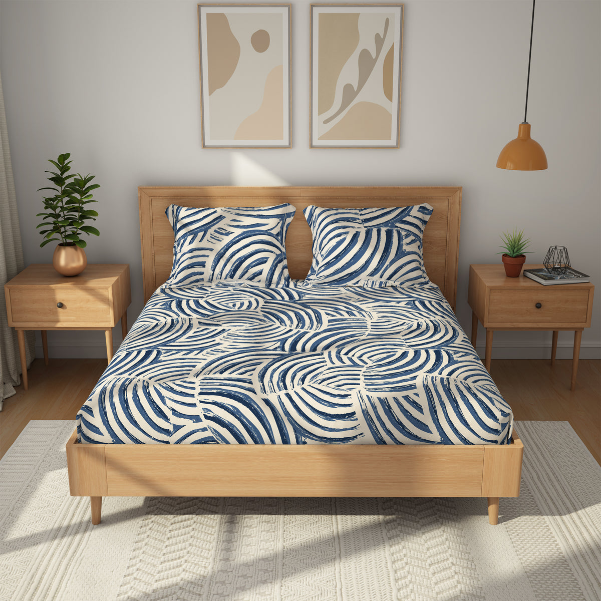 Himeya 100% Cotton 180 TC Bedsheet with 2 Pillow Covers - Tidal Moonlit Sky
