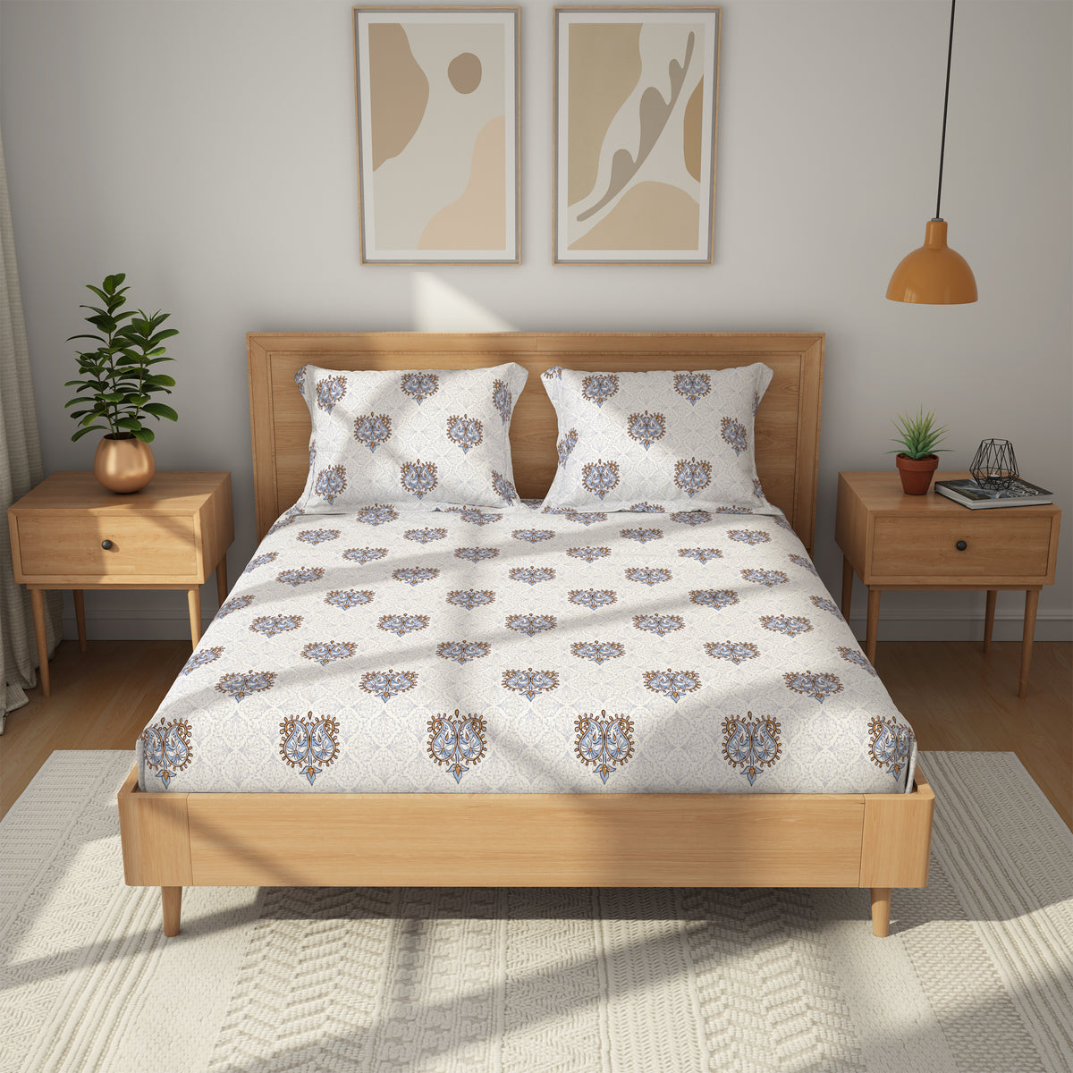Himeya 100% Cotton 180 TC Bedsheet with 2 Pillow Covers - Ritu Powder Blue