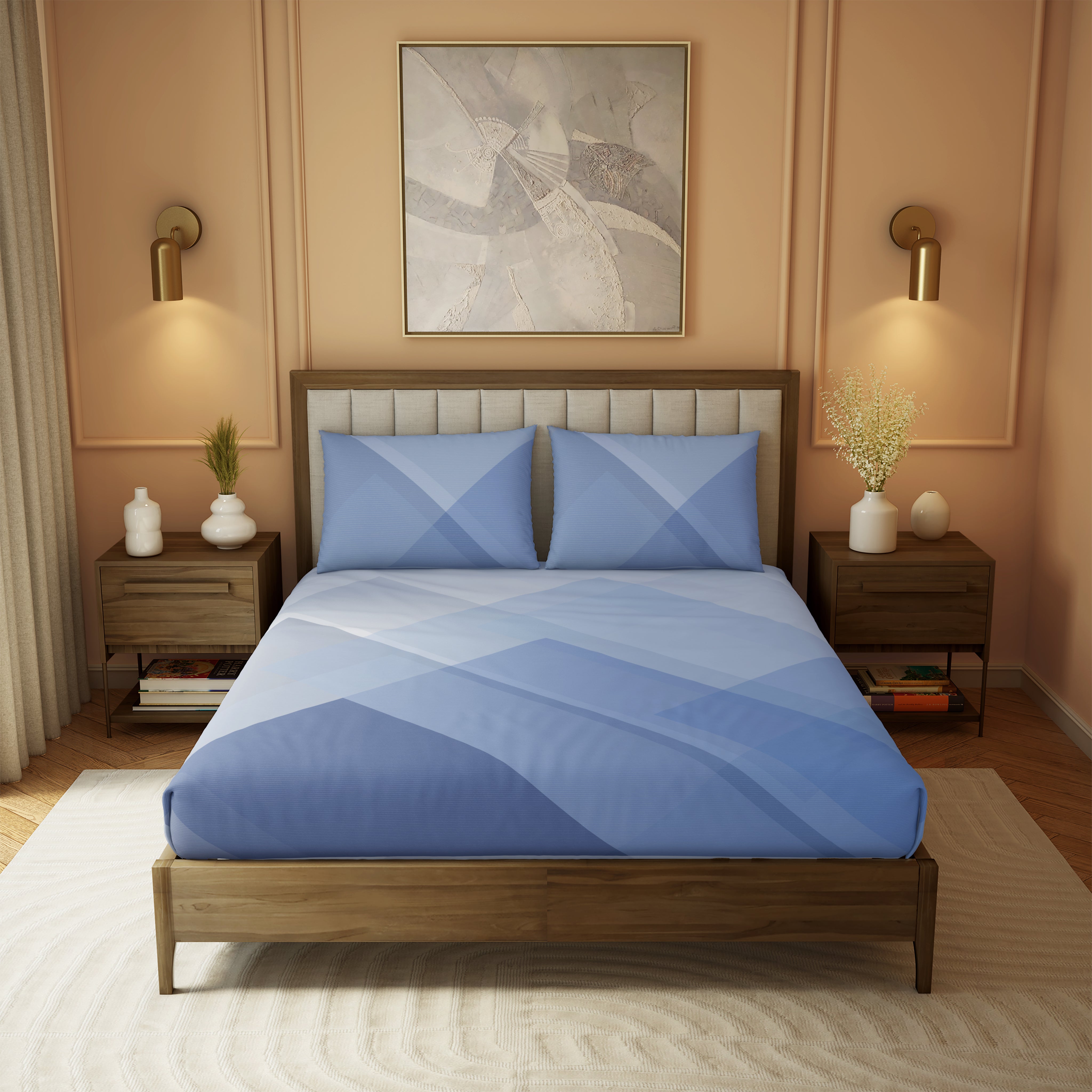 The Elite Collection, Landscape | Printed King Bedsheet Set | 210 TC Cotton - Sapphire Blue